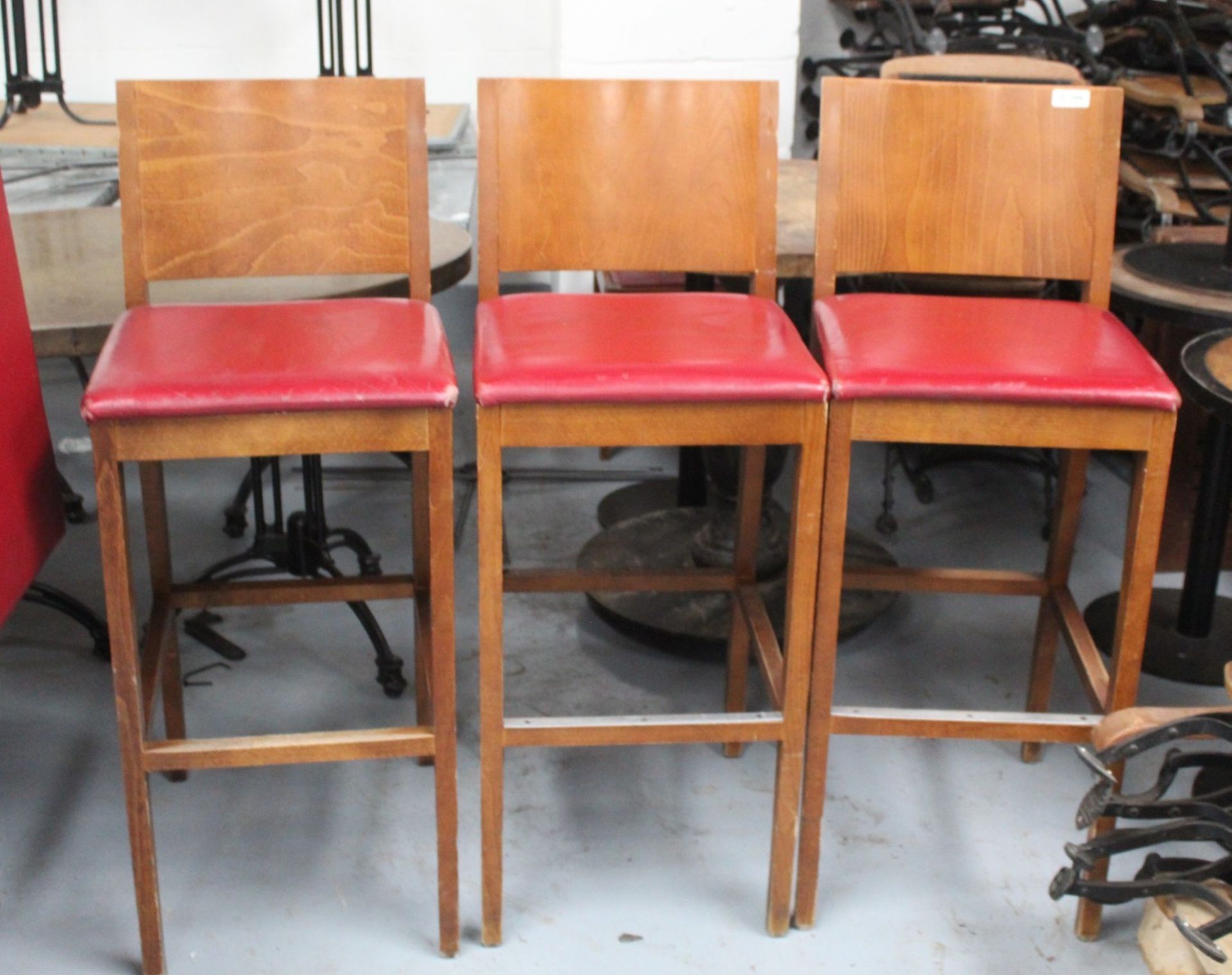3 x  Restaurant Bar Stools Featuring Wooden Backrests, Footrests and Red Faux Leather Seating Pads - Image 2 of 4
