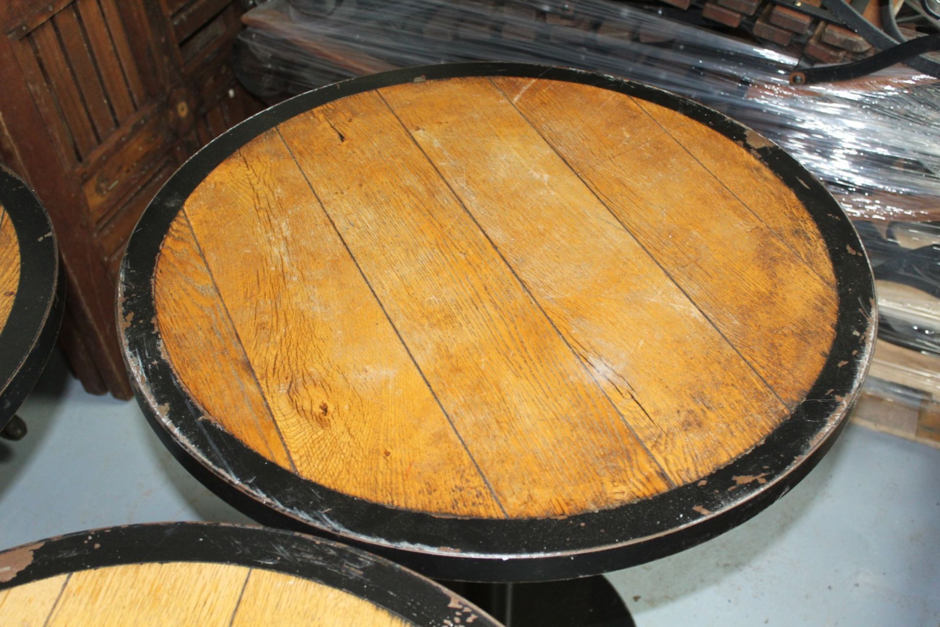 5 x Restaurant Bar Tables Featuring Panelled Oak Tops, Protective Steel Surrounds and Cast Iron - Image 4 of 9