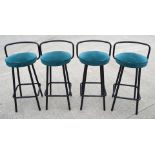 4 x Contemporay Bar Stools Featuring Velvet Teal Seats and Black Frames with Foodrests