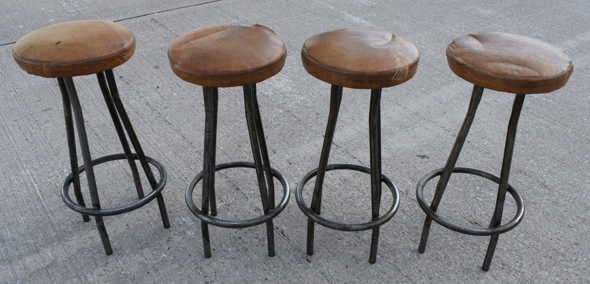 4 x Vintage Industrial Style Bar Stools with Steel Bases, Footrests and Tan Leather Seats - Image 11 of 12