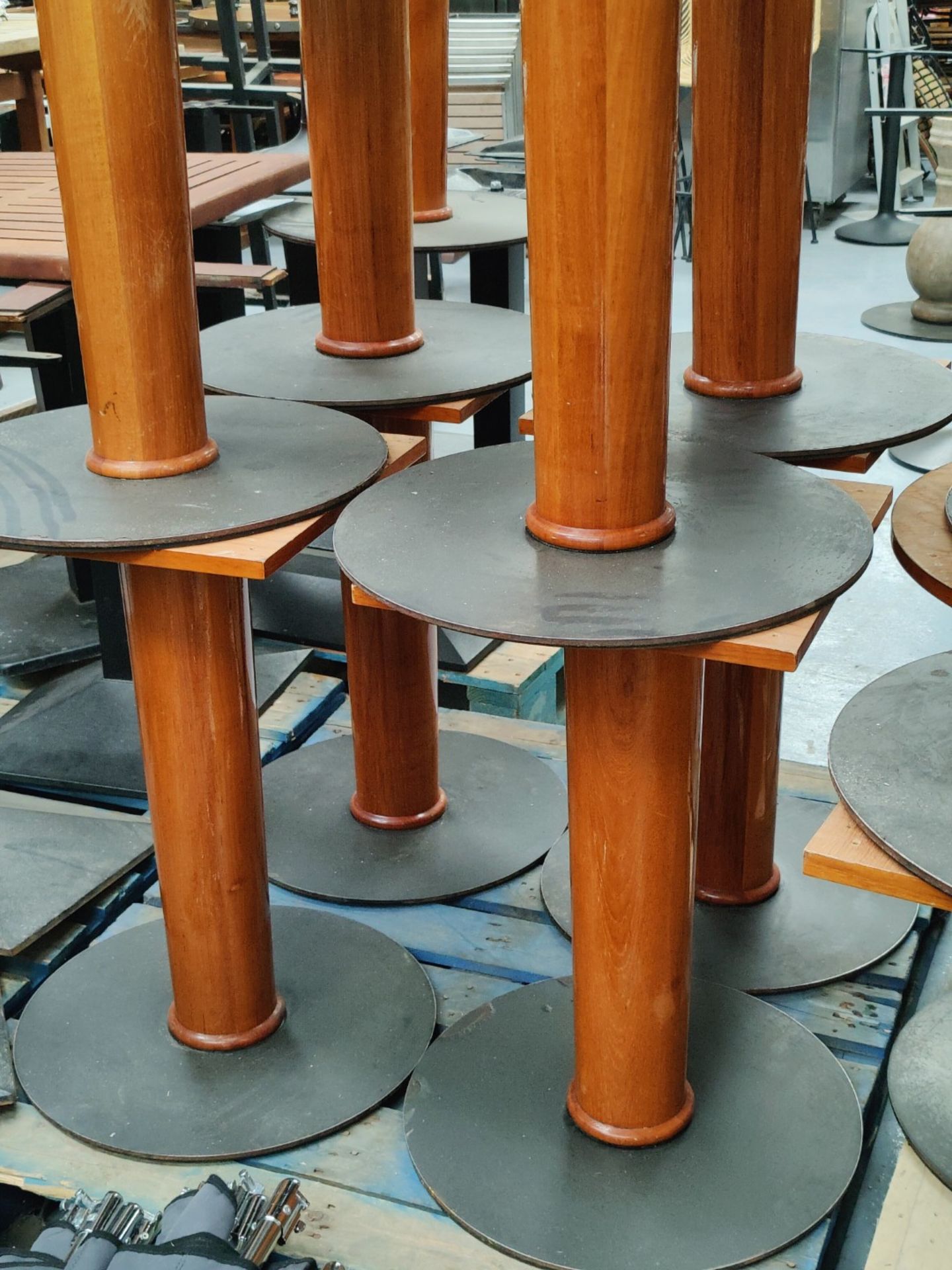 6 x Restaraunt Table Pedestal Bases Featuring a Cherry Wood Finish with Round Grey Metal Bases - Image 8 of 10