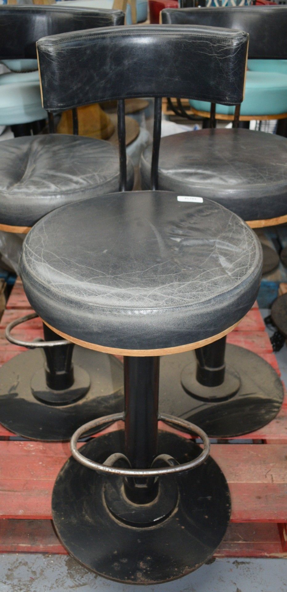 3 x Bar Stools Featuring Round Black Leather Seats, Backrests and Chrome Footrests - Dimensions: H80 - Image 3 of 9