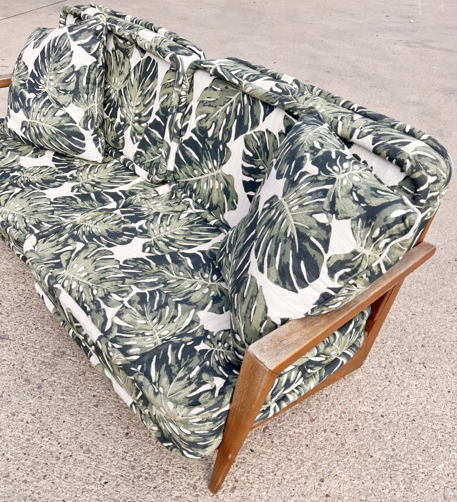 1 x Vintage Mid-Century Low Profile 2-Metre Long Commercial Wooden Conservatory Lounge Sofa - Image 9 of 13