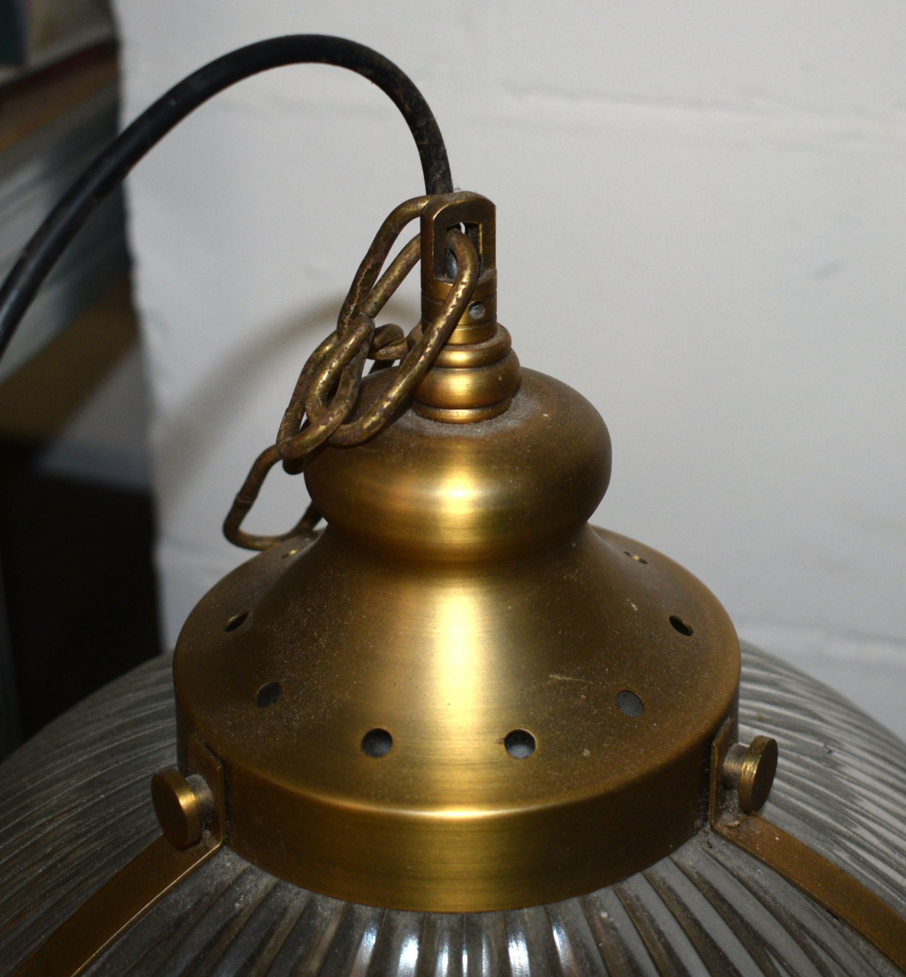 3 x Suspended Halophane Pendant Lights Featuring a Vintage Brass Finish with Frosted Ribbed Glass - Image 3 of 4