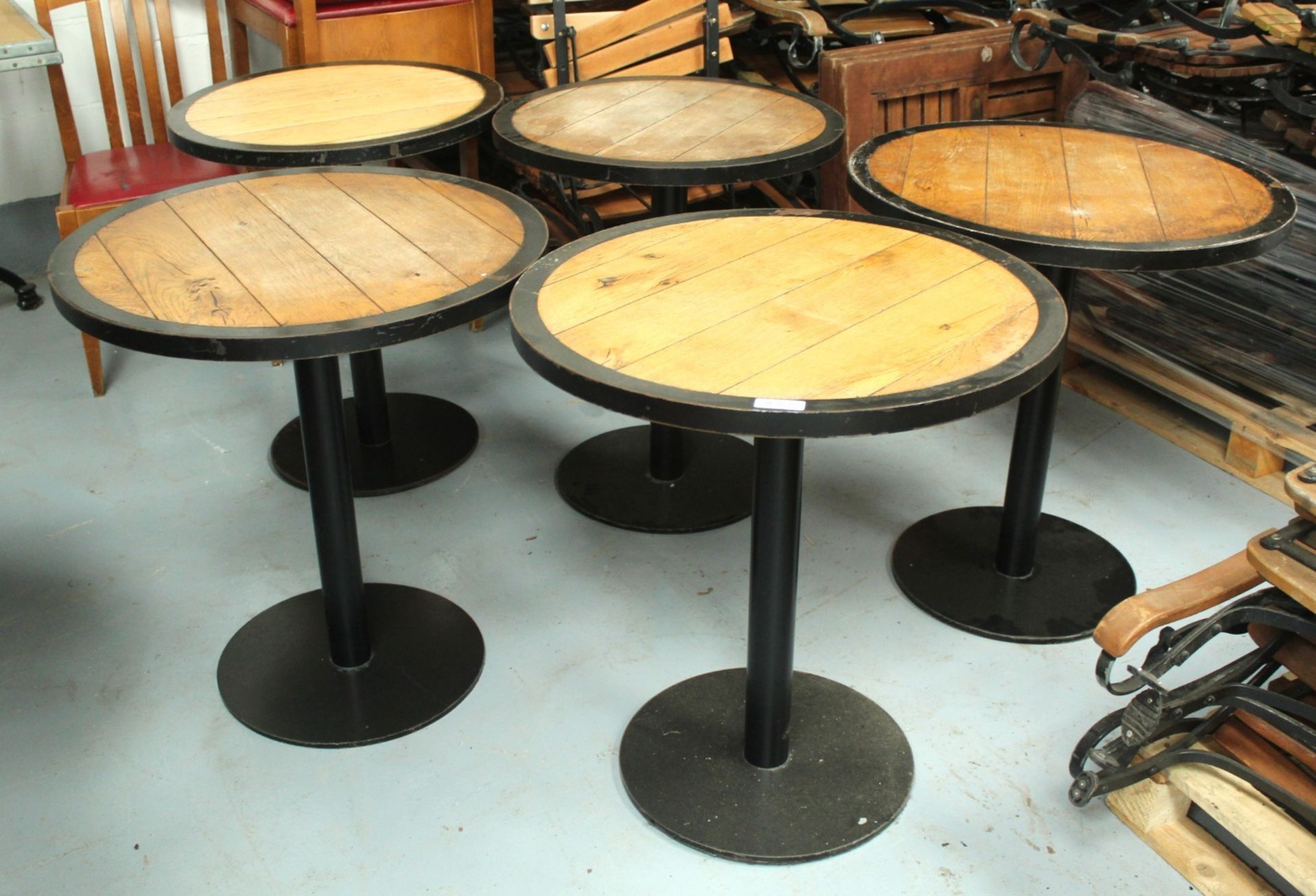 5 x Restaurant Bar Tables Featuring Panelled Oak Tops, Protective Steel Surrounds and Cast Iron