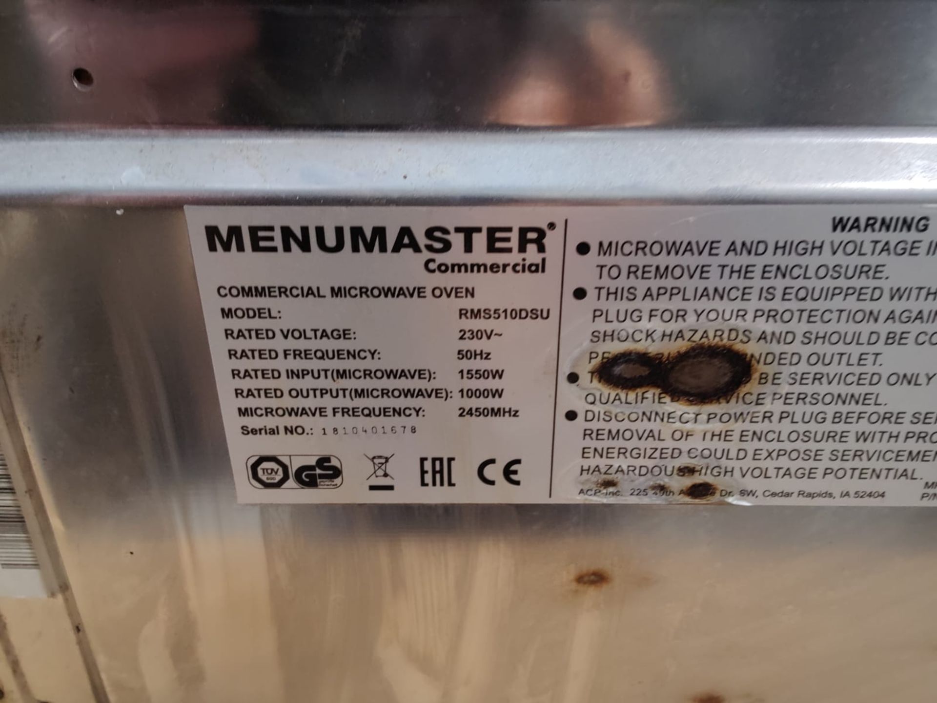 1 x MenuMaster Commercial 1000w Microwave Oven - Model: RMS510DSU - Image 2 of 7