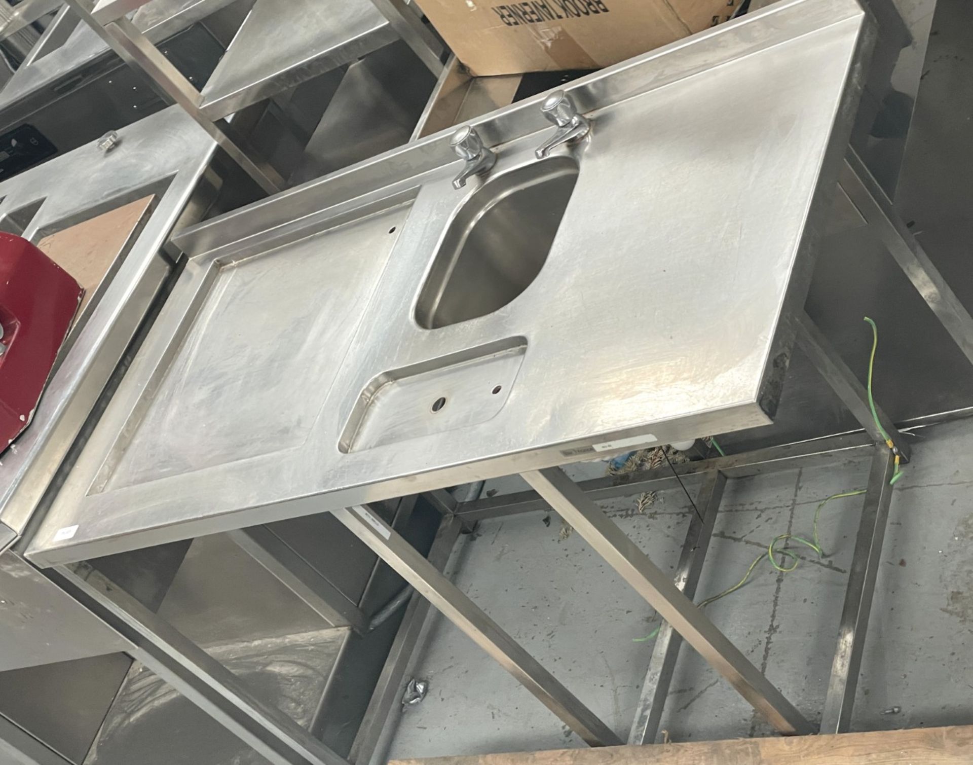 1 x Stainless Steel Inlet Dishwasher Table Featuring a Wash Basin, Taps and Drainer - Image 5 of 7