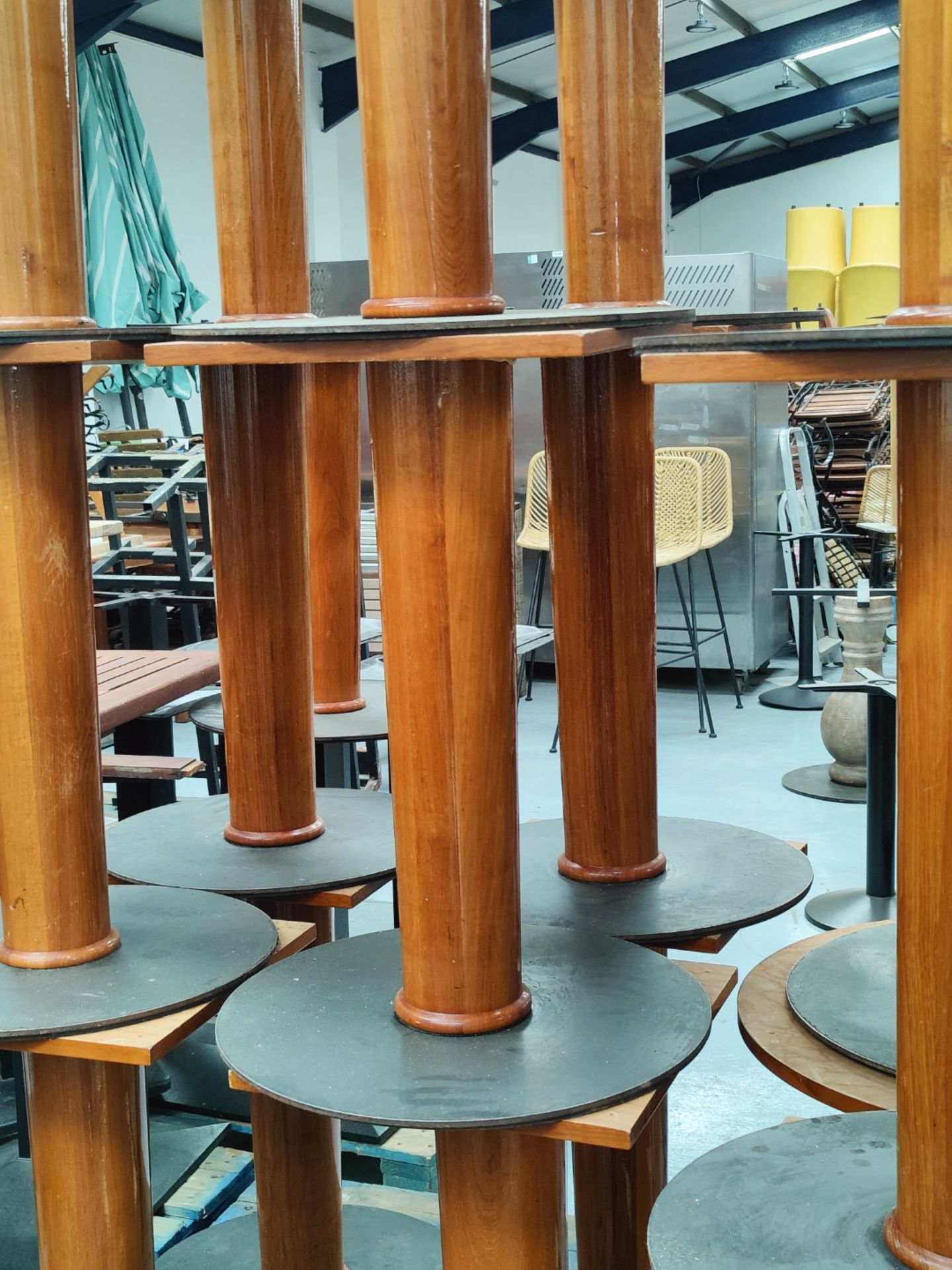 6 x Restaraunt Table Pedestal Bases Featuring a Cherry Wood Finish with Round Grey Metal Bases - Image 5 of 10
