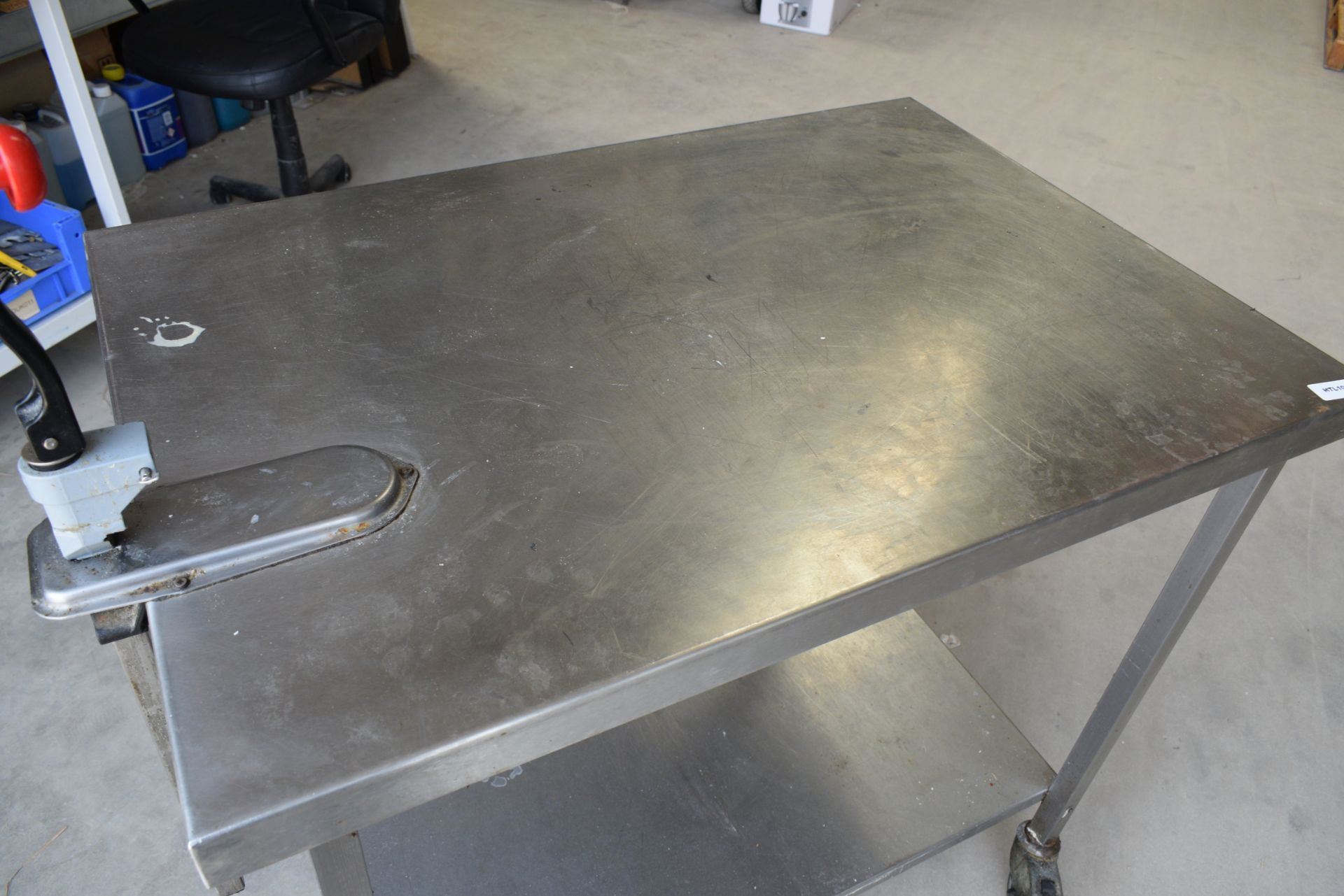 1 x Stainless Steel Mobile Prep Table Featuring Castor Wheels, Can Opener and Undershelf - Image 3 of 4