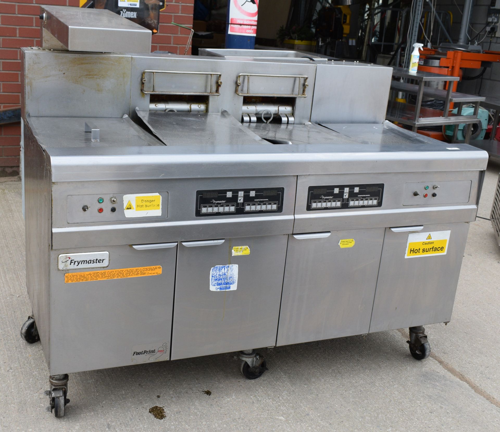 1 x Frymaster Twin Double Tank Electric 3 Phase Fryer with Built in Filtration and Chip Warmers