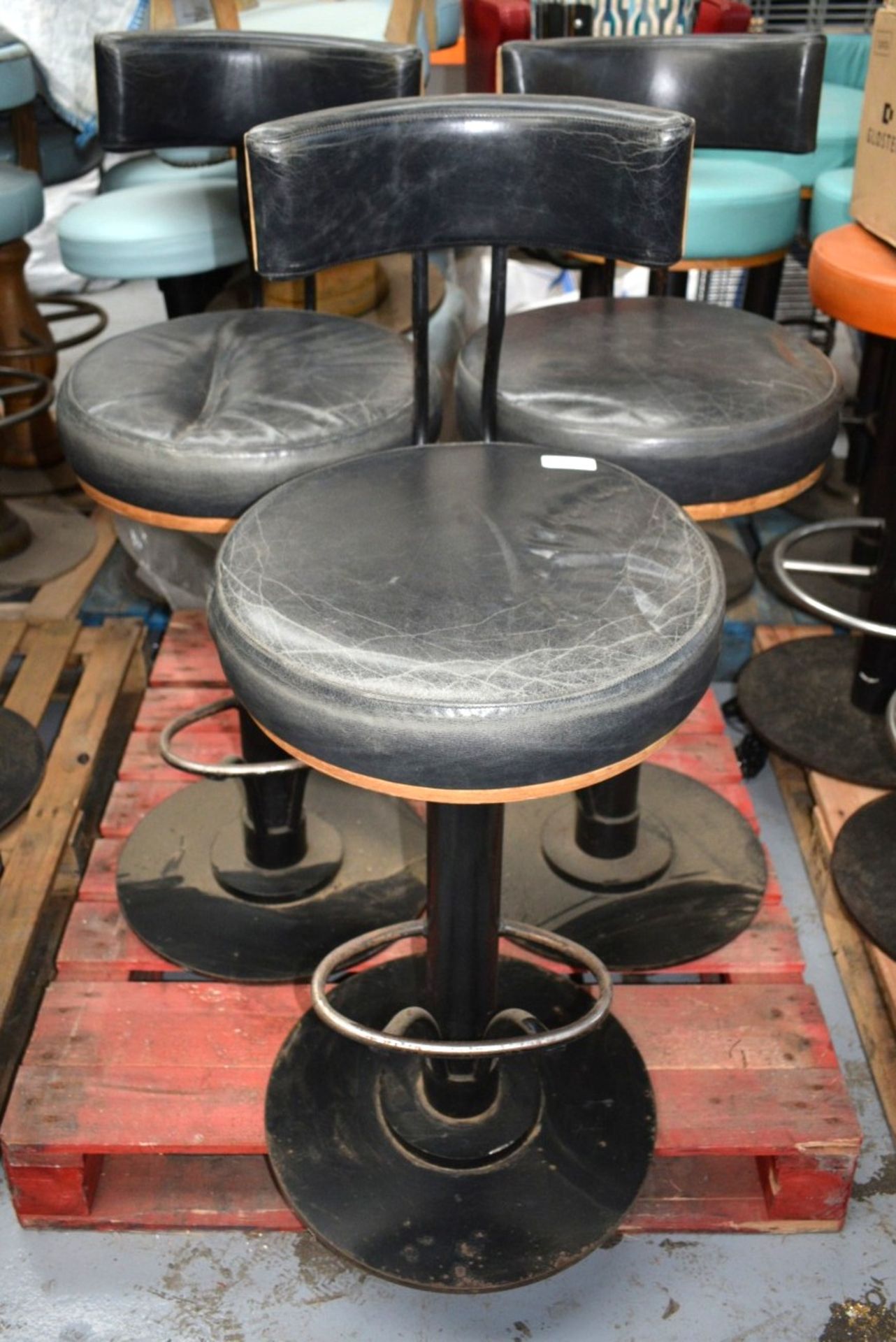 3 x Bar Stools Featuring Round Black Leather Seats, Backrests and Chrome Footrests - Dimensions: H80