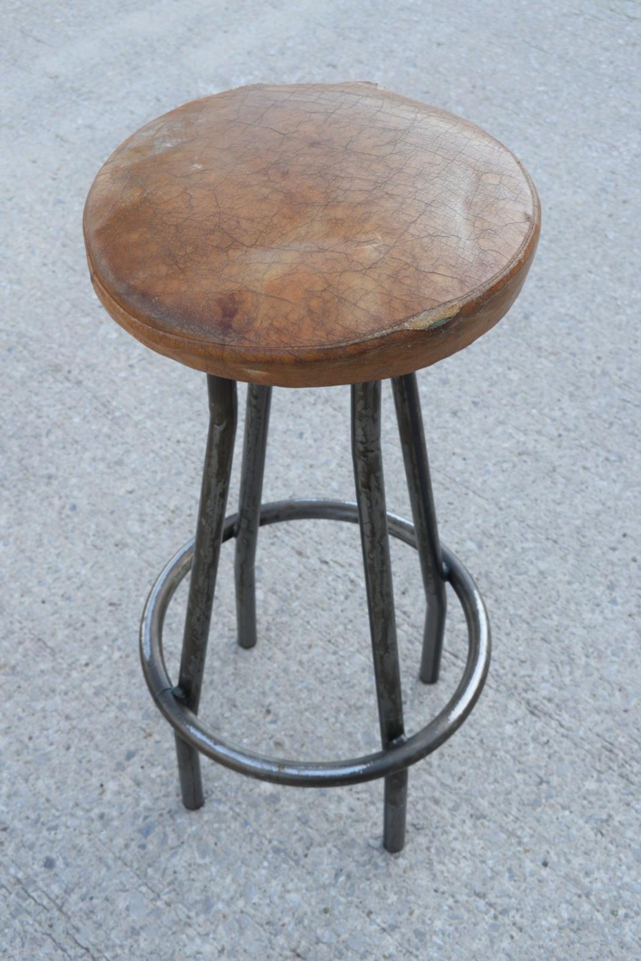 4 x Vintage Industrial Style Bar Stools with Steel Bases, Footrests and Tan Leather Seats - Image 10 of 12