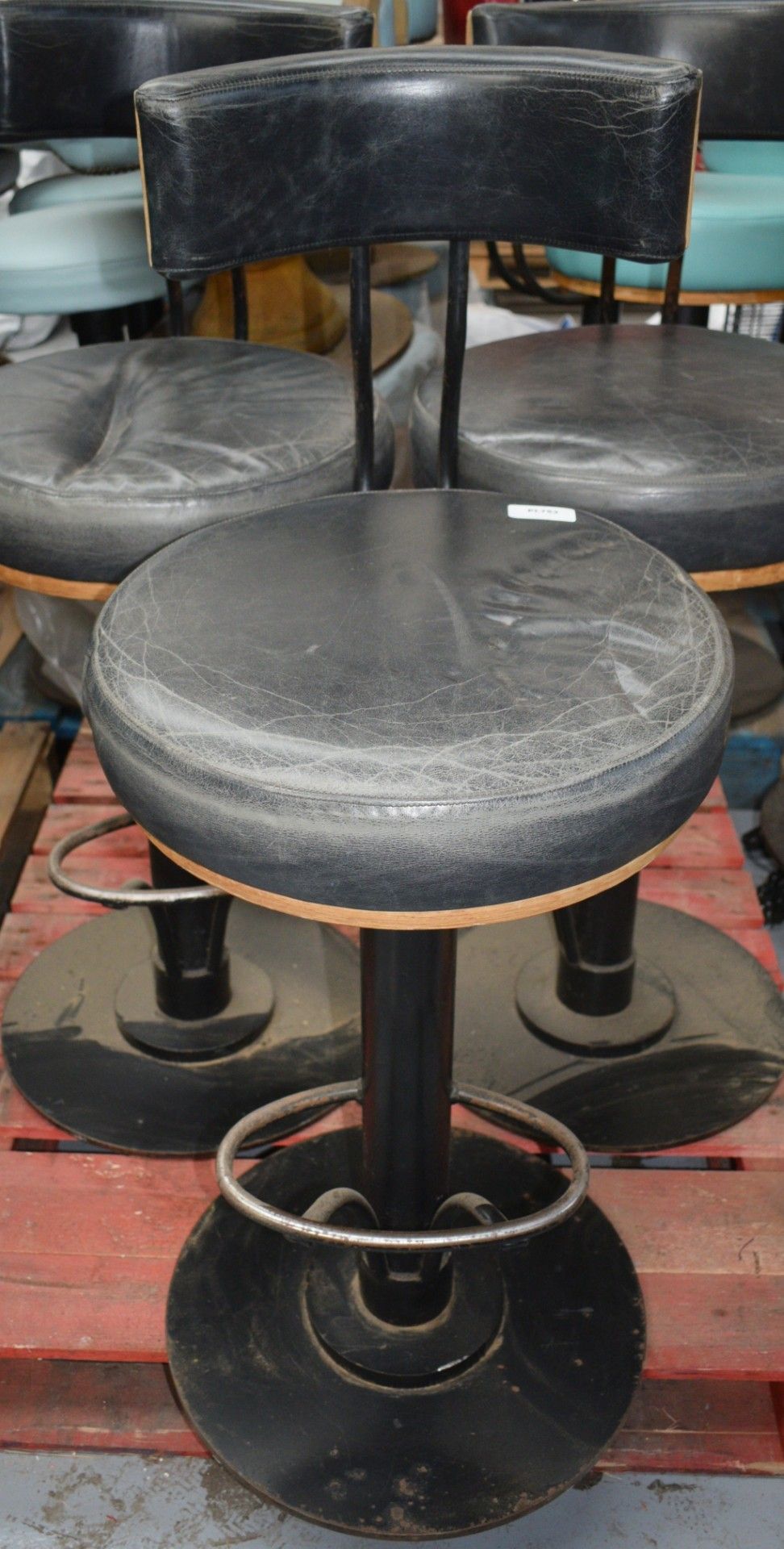 3 x Bar Stools Featuring Round Black Leather Seats, Backrests and Chrome Footrests - Dimensions: H80 - Image 2 of 9