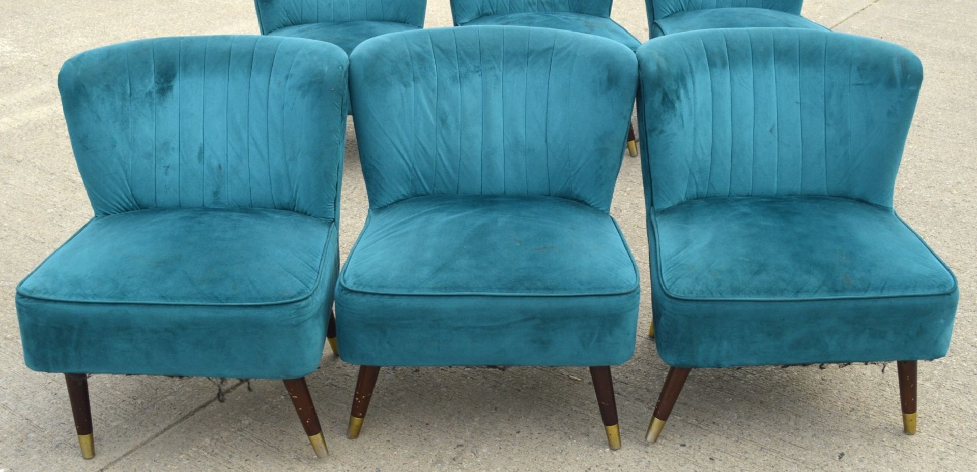 3 x Contemporary Velvet Cocktail Chairs in Teal with Tapered Wooden Legs and Brass Feet - Image 5 of 7