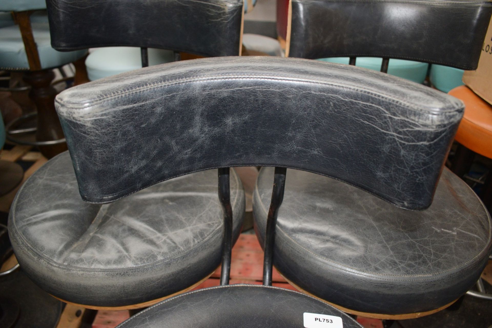 3 x Bar Stools Featuring Round Black Leather Seats, Backrests and Chrome Footrests - Dimensions: H80 - Image 5 of 9