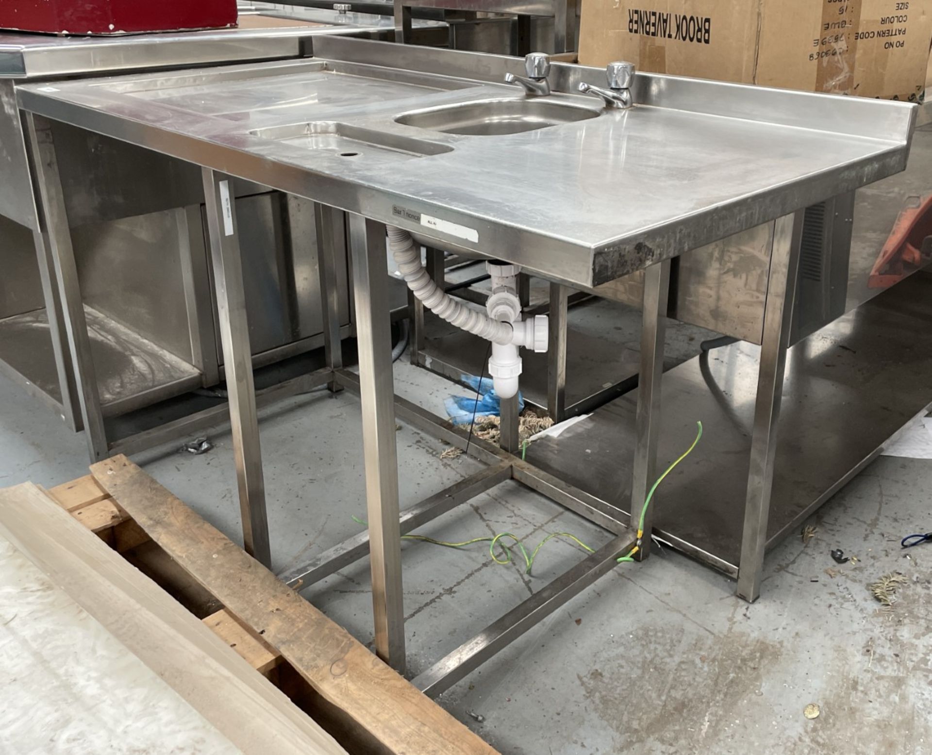 1 x Stainless Steel Inlet Dishwasher Table Featuring a Wash Basin, Taps and Drainer - Image 4 of 7