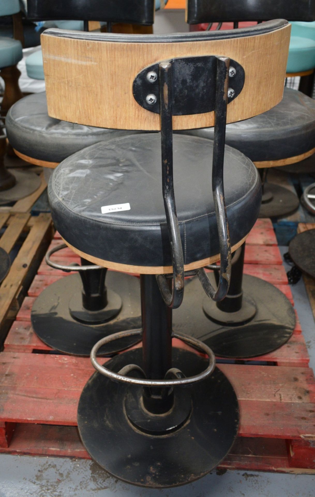 3 x Bar Stools Featuring Round Black Leather Seats, Backrests and Chrome Footrests - Dimensions: H80 - Image 8 of 9