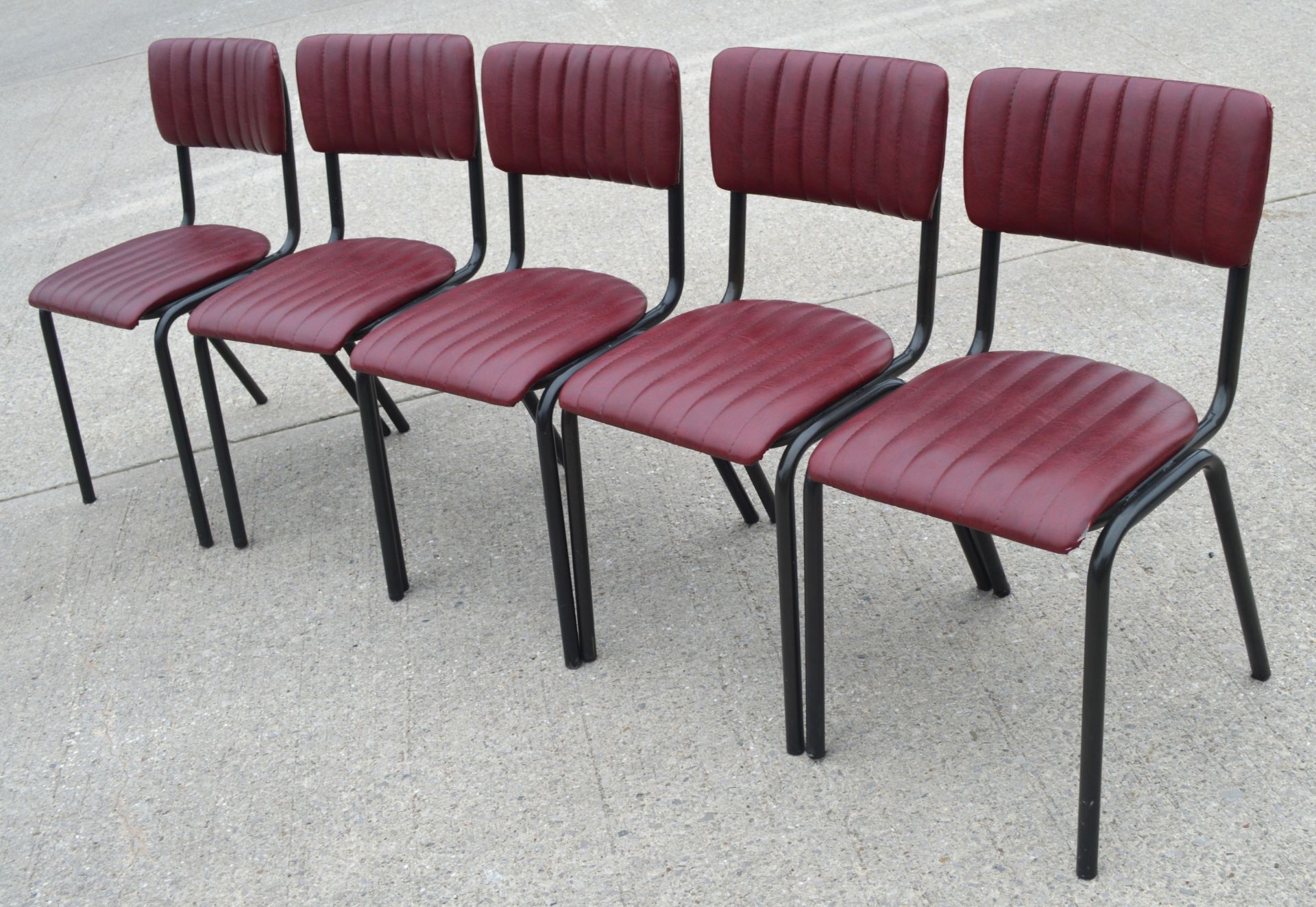 6 x Vintage Red Ribbed Style Faux Leather Dining Chairs - Dimensions: H80 x W43 x D45 cms