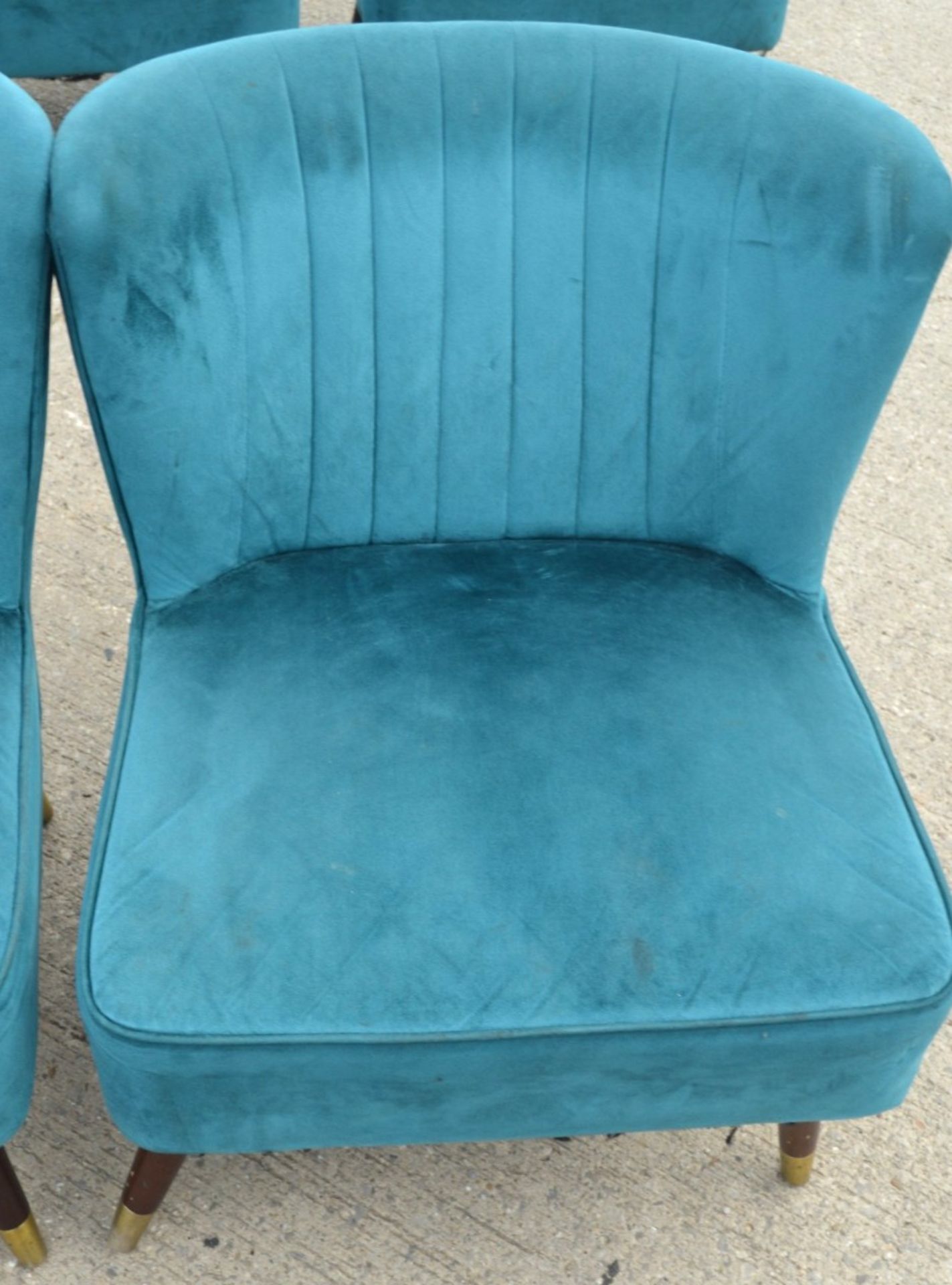 3 x Contemporary Velvet Cocktail Chairs in Teal with Tapered Wooden Legs and Brass Feet - Image 7 of 7