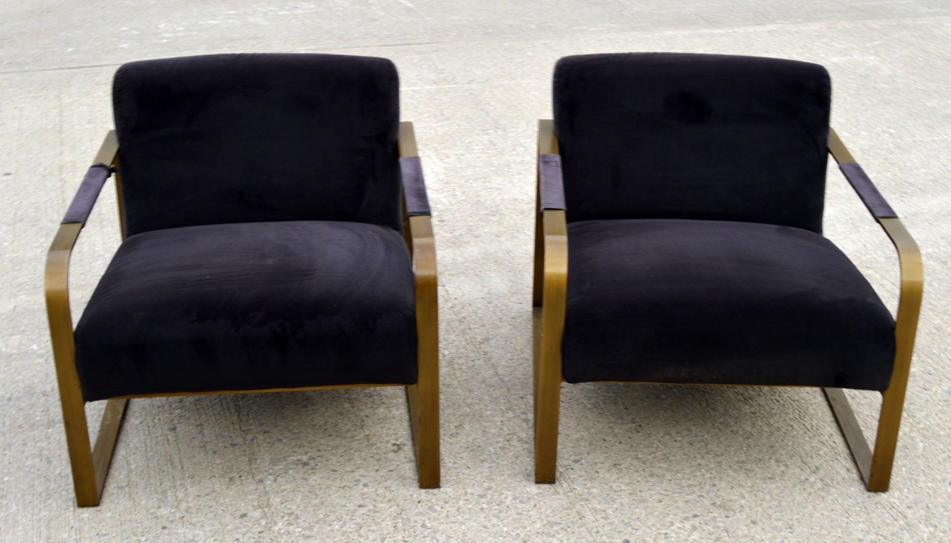 2 x Occasional Modern Armchairs by Fancy - Antique Brass Frame and Black Upholstery