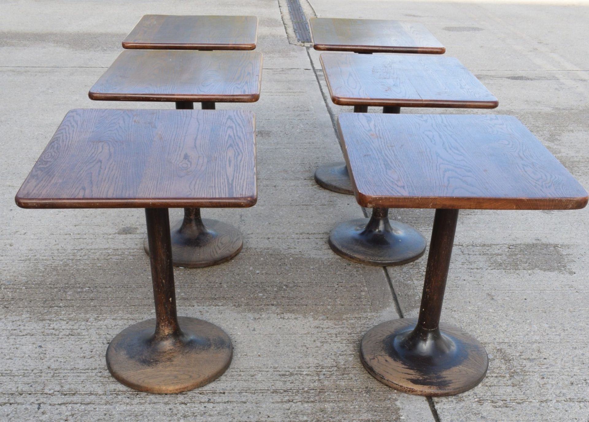 6 x Restaurant Dining Tables Featuring Oak Wooden Tops with Wooden Tulip Style Pedestal Bases - Image 5 of 16