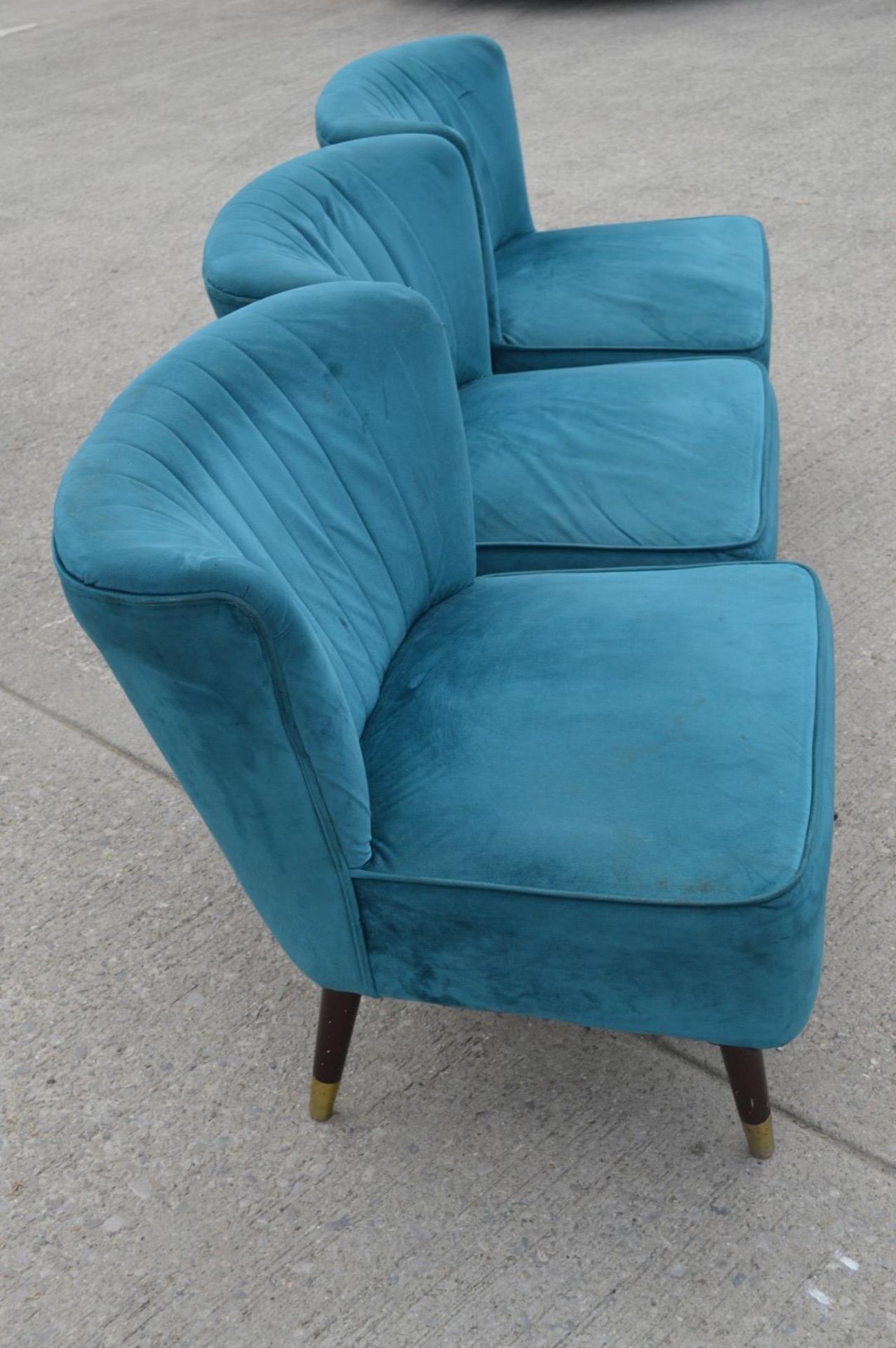 3 x Contemporary Velvet Cocktail Chairs in Teal with Tapered Wooden Legs and Brass Feet - Image 2 of 7