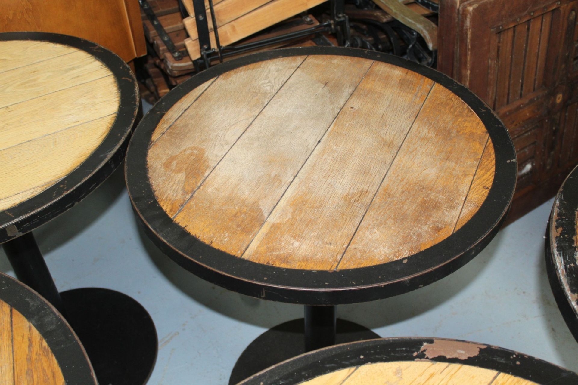 5 x Restaurant Bar Tables Featuring Panelled Oak Tops, Protective Steel Surrounds and Cast Iron - Image 9 of 9