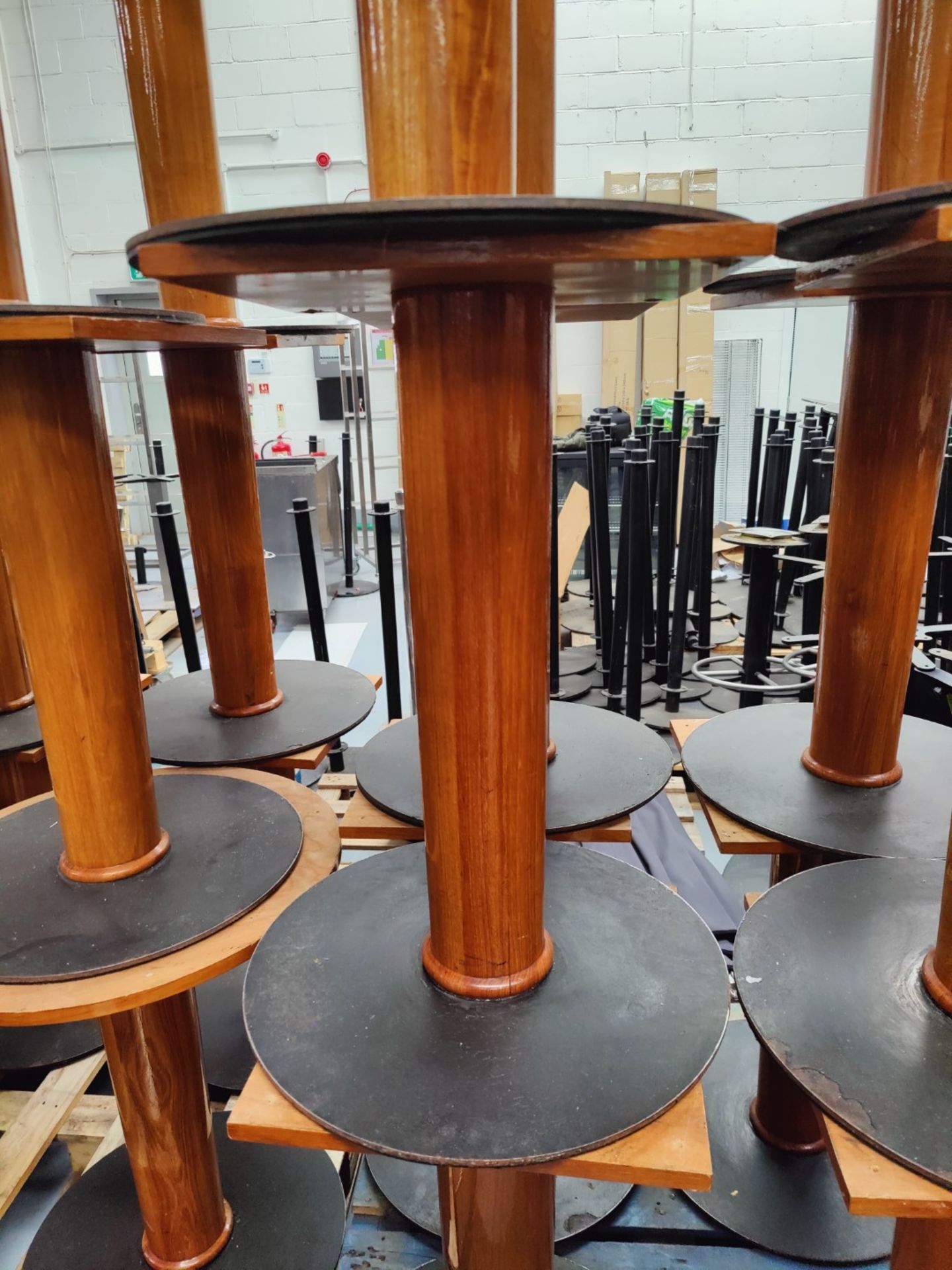 6 x Restaraunt Table Pedestal Bases Featuring a Cherry Wood Finish with Round Grey Metal Bases - Image 6 of 10