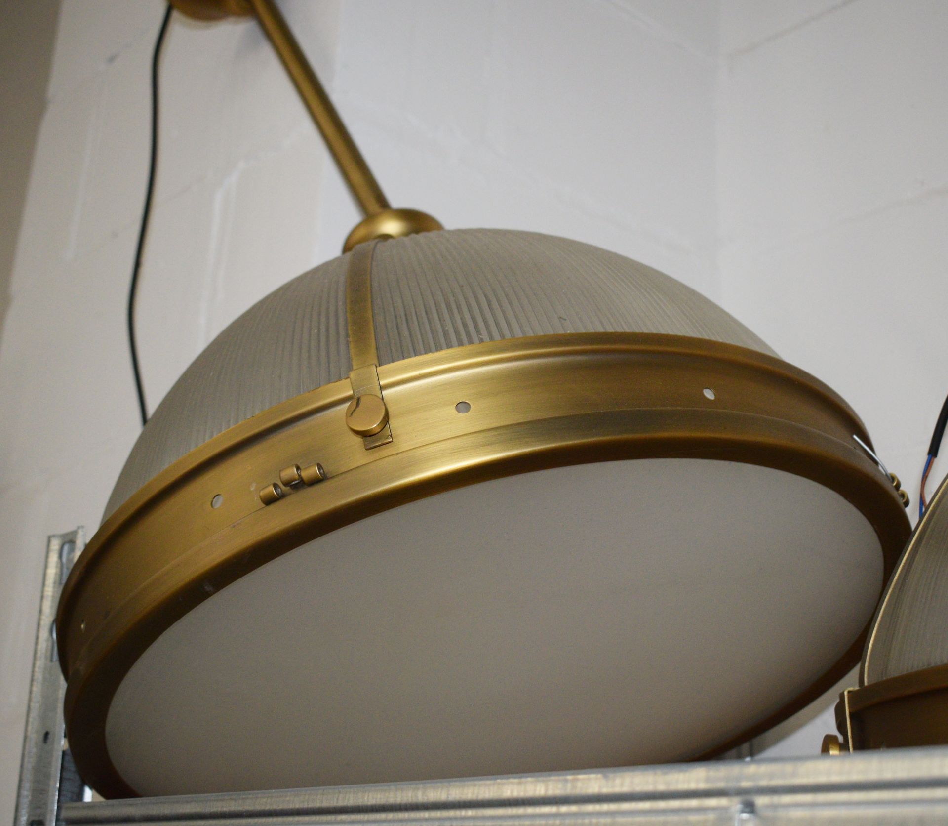 4 x Suspended Halophane Pendant Lights Featuring a Vintage Brass Finish with Frosted Ribbed Glass - Image 2 of 4