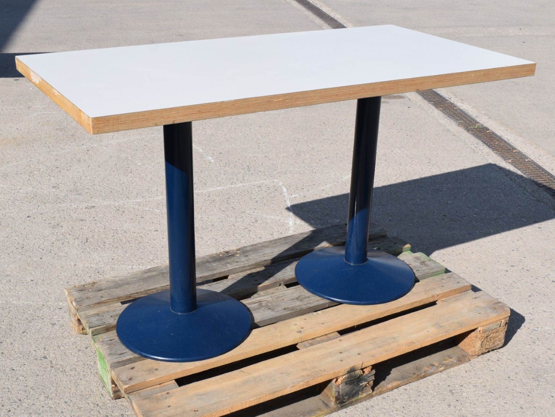 1 x Rectangular Restaurant Dining Table Featuring a White Wooden Top and Twin Pedestals