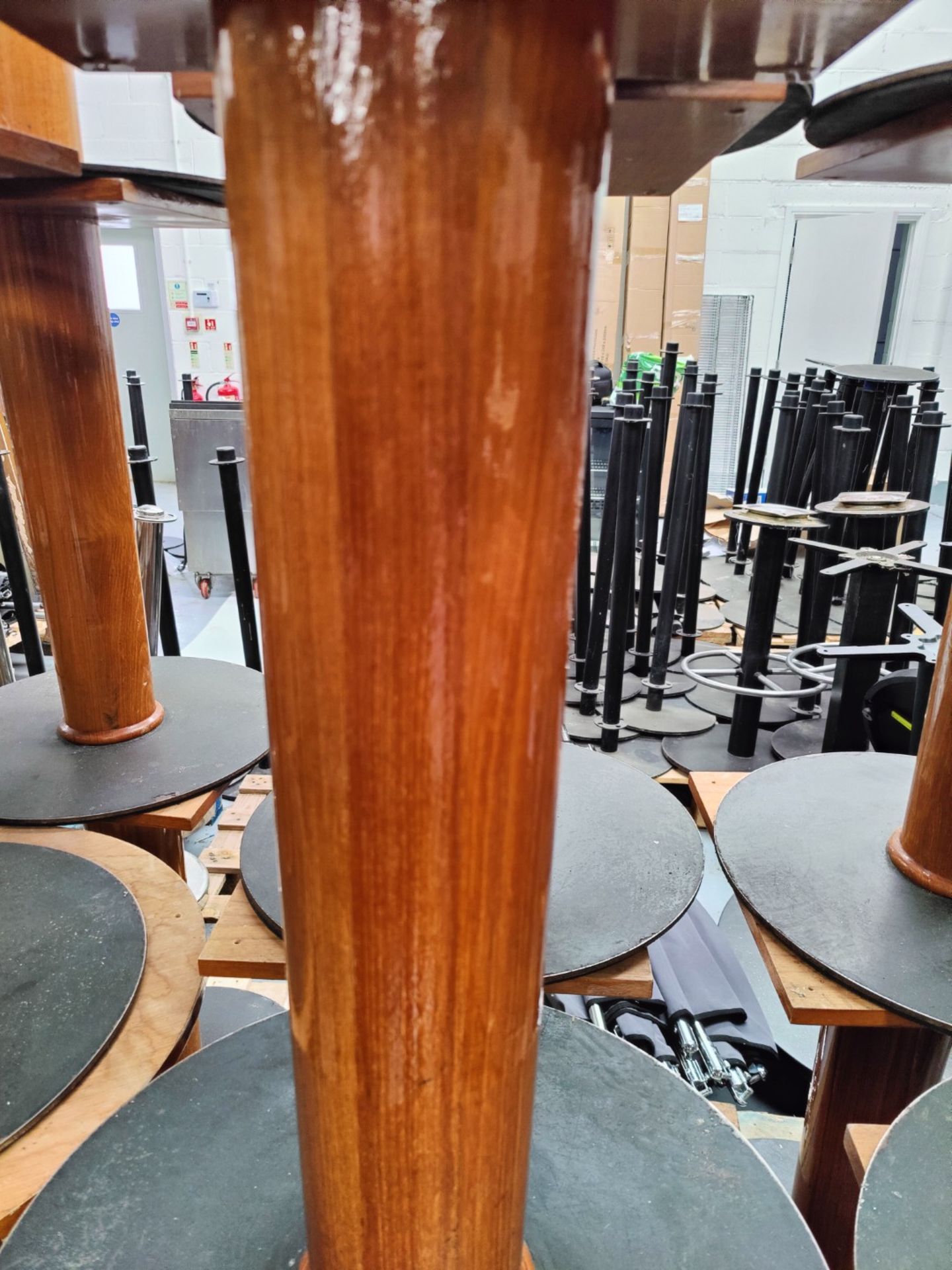 6 x Restaraunt Table Pedestal Bases Featuring a Cherry Wood Finish with Round Grey Metal Bases - Image 3 of 10