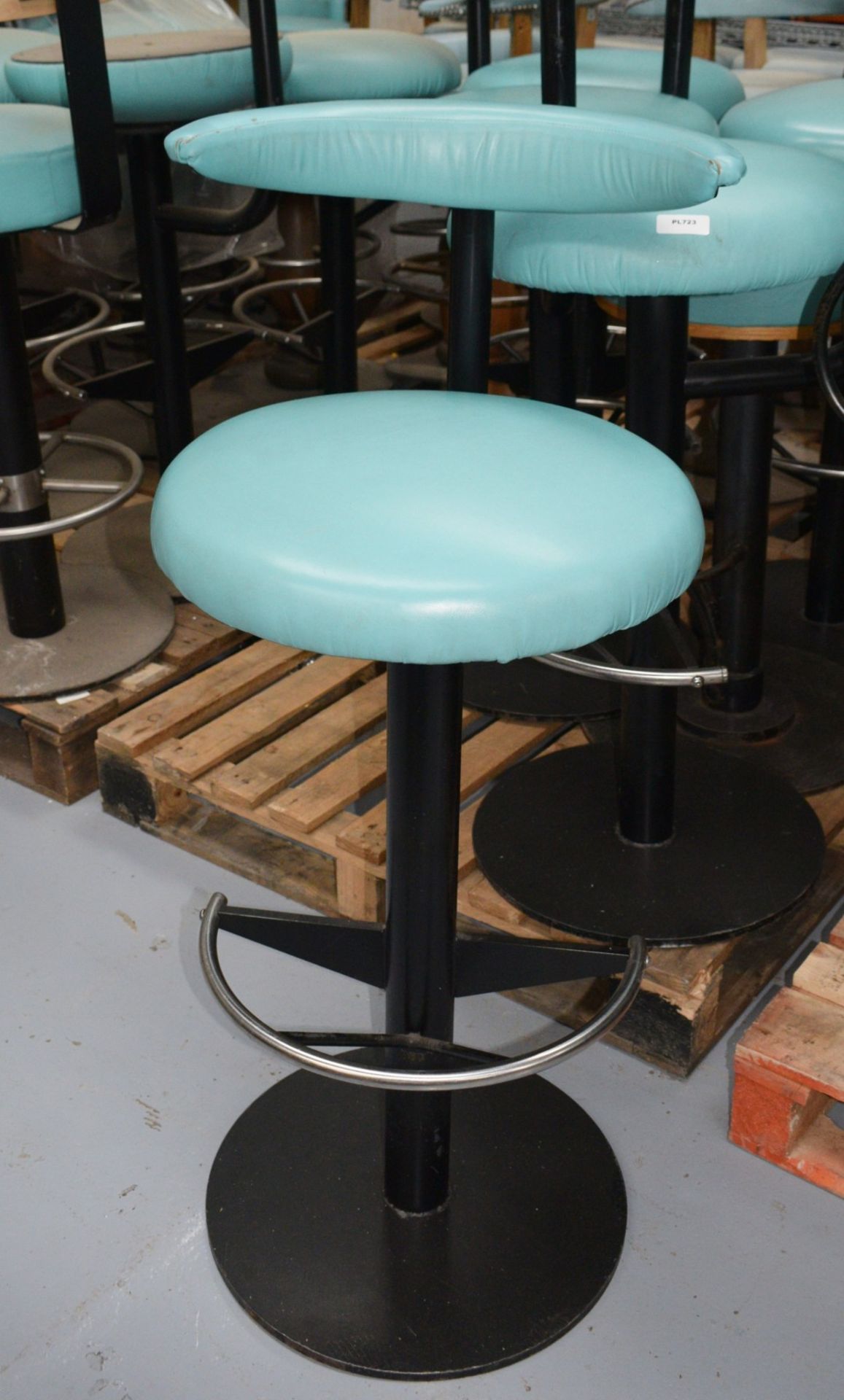 4 x Bar Stools Featuring Black Bases with Chrome Footrests and Faux Leather Turquoise Seats - Image 7 of 9