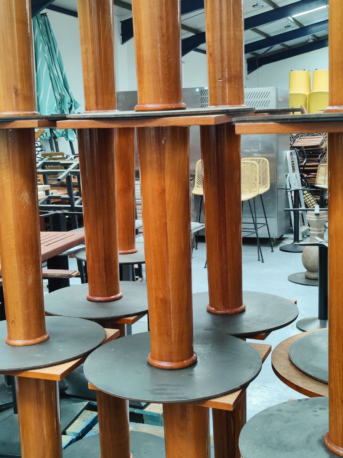 6 x Restaraunt Table Pedestal Bases Featuring a Cherry Wood Finish with Round Grey Metal Bases - Image 9 of 10