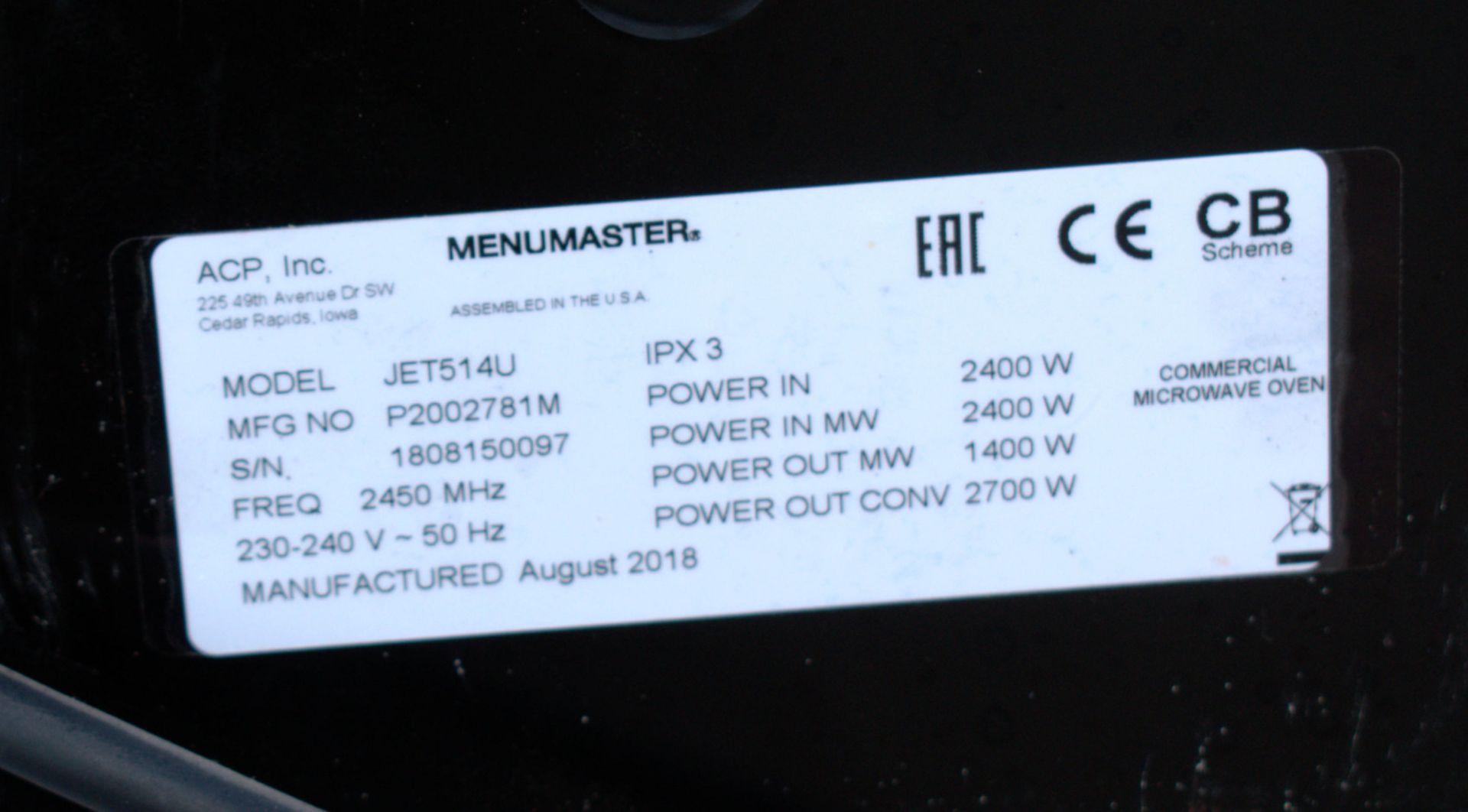 1 x MENUMASTER Jet514U Jetwave High Speed Combination Microwave - Image 7 of 11