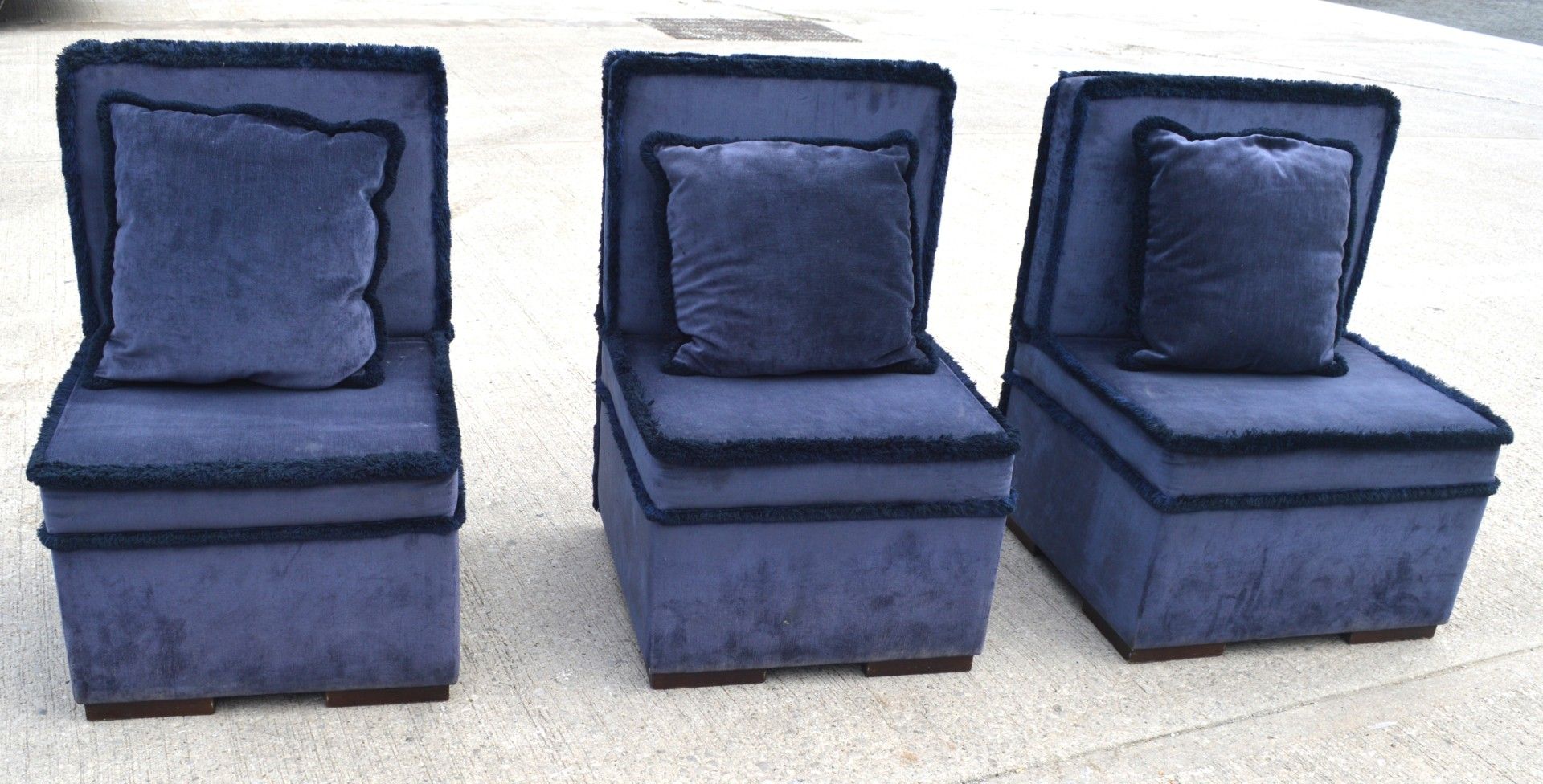 3 x Blue Velvet Slipper Chairs with Fringe Trims and Matching Cushions - Dimensions: H97 x W63 x D68