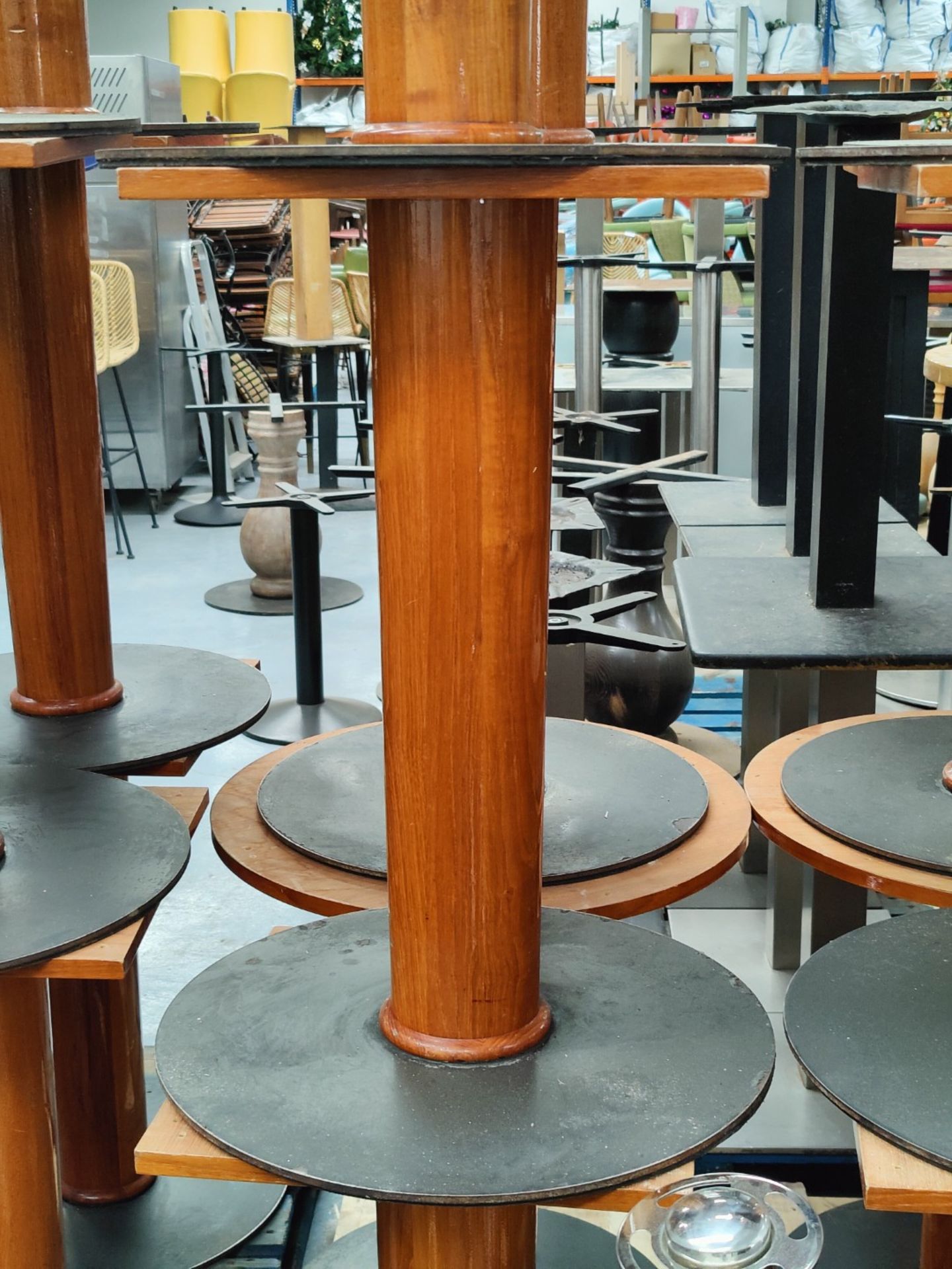 5 x Restaraunt Table Pedestal Bases Featuring a Cherry Wood Finish with Round Grey Metal Bases - Image 7 of 10