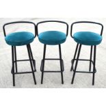 3 x Contemporay Bar Stools Featuring Velvet Teal Seats and Black Frames with Foodrests