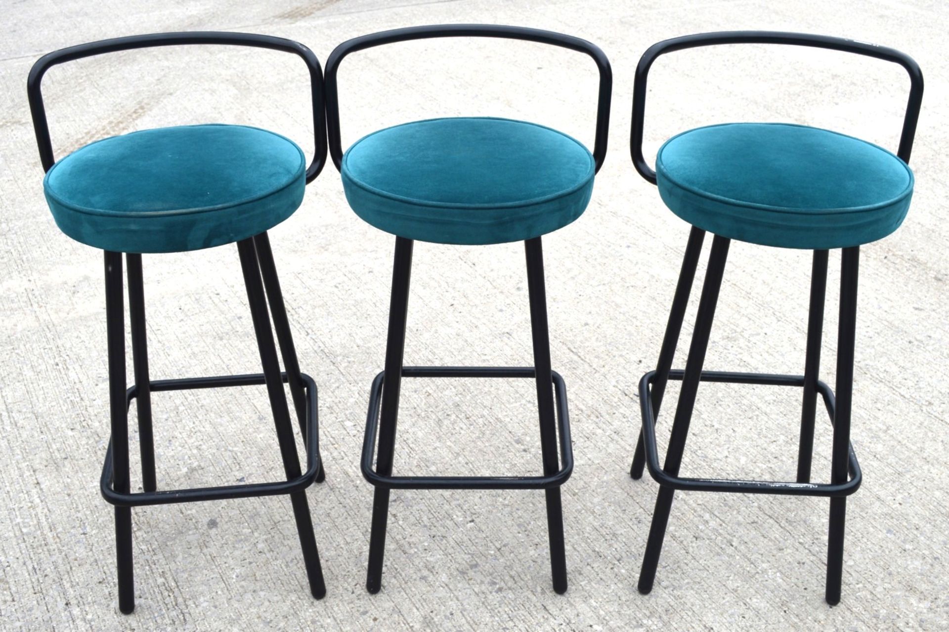 3 x Contemporay Bar Stools Featuring Velvet Teal Seats and Black Frames with Foodrests