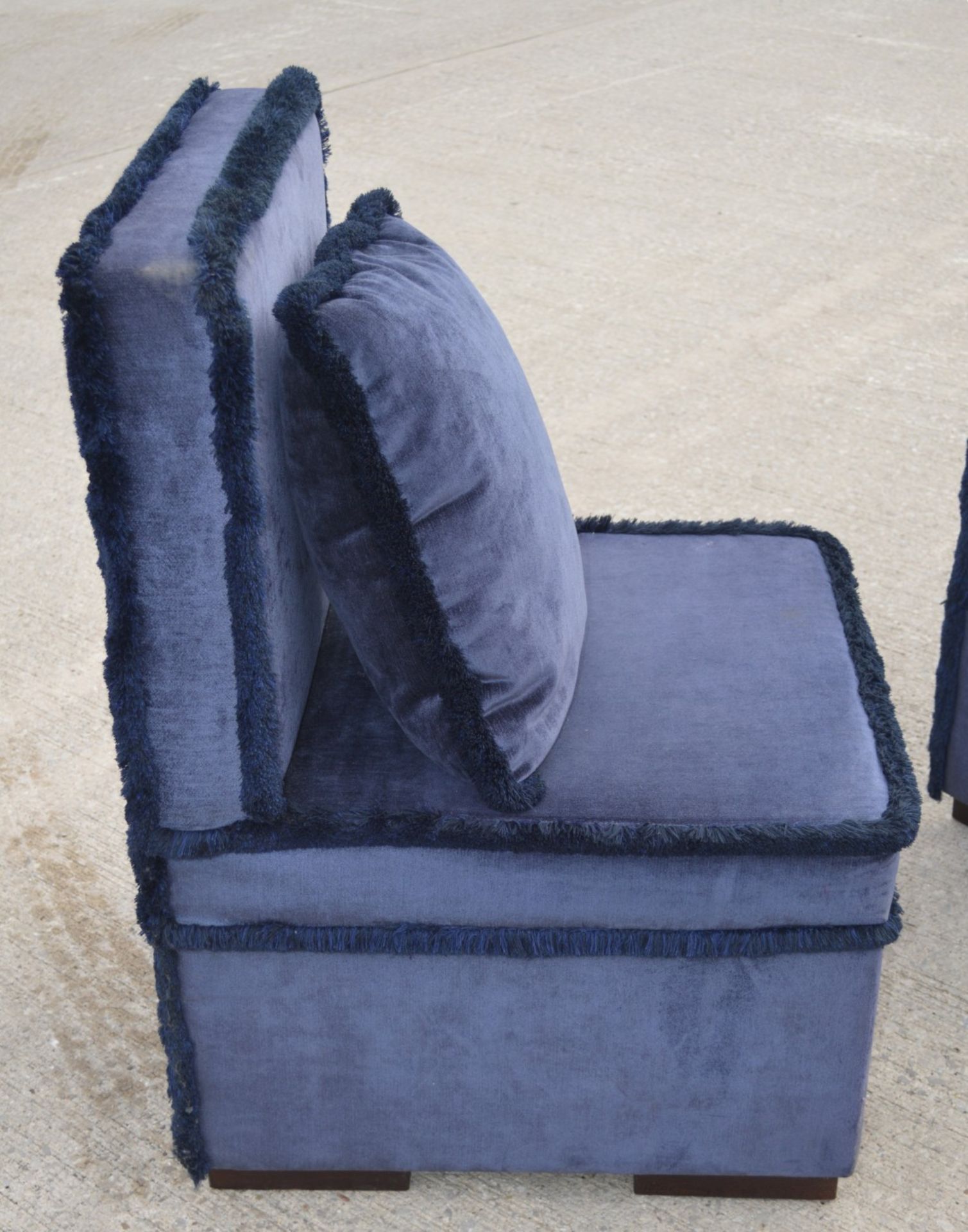 3 x Blue Velvet Slipper Chairs with Fringe Trims and Matching Cushions - Dimensions: H97 x W63 x D68 - Image 4 of 5
