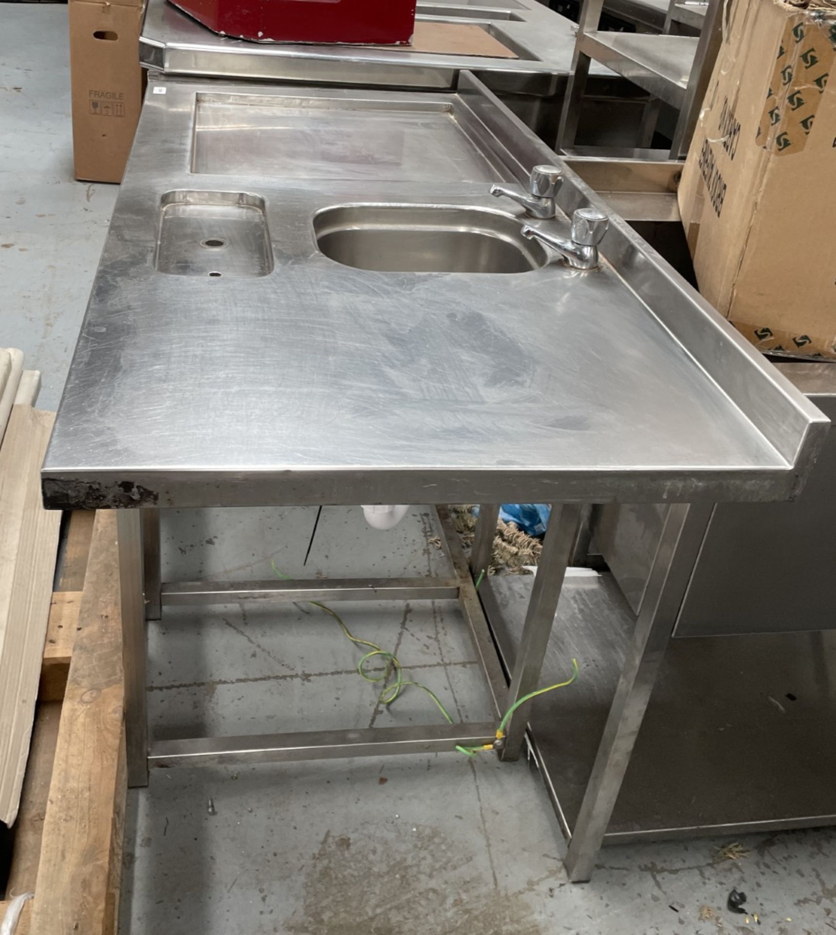 1 x Stainless Steel Inlet Dishwasher Table Featuring a Wash Basin, Taps and Drainer - Image 2 of 7