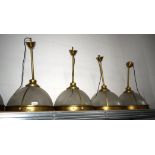 4 x Suspended Halophane Pendant Lights Featuring a Vintage Brass Finish with Frosted Ribbed Glass