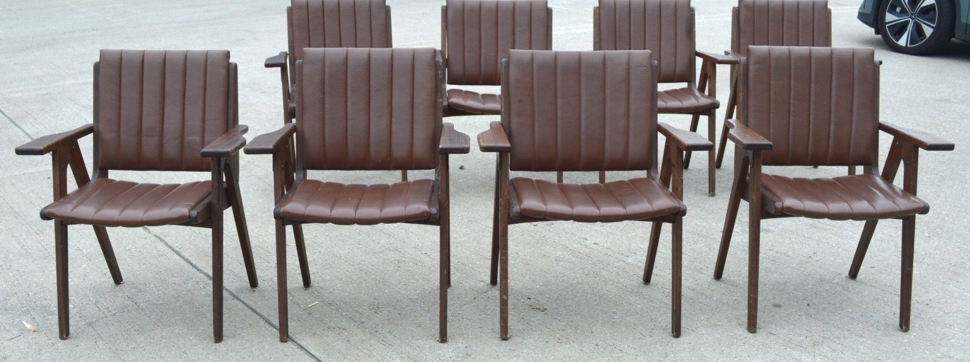 4 x Autoban Slice Armchairs Featuring an Oak Wooden Frame and Vintage Brown Leather Upholstery