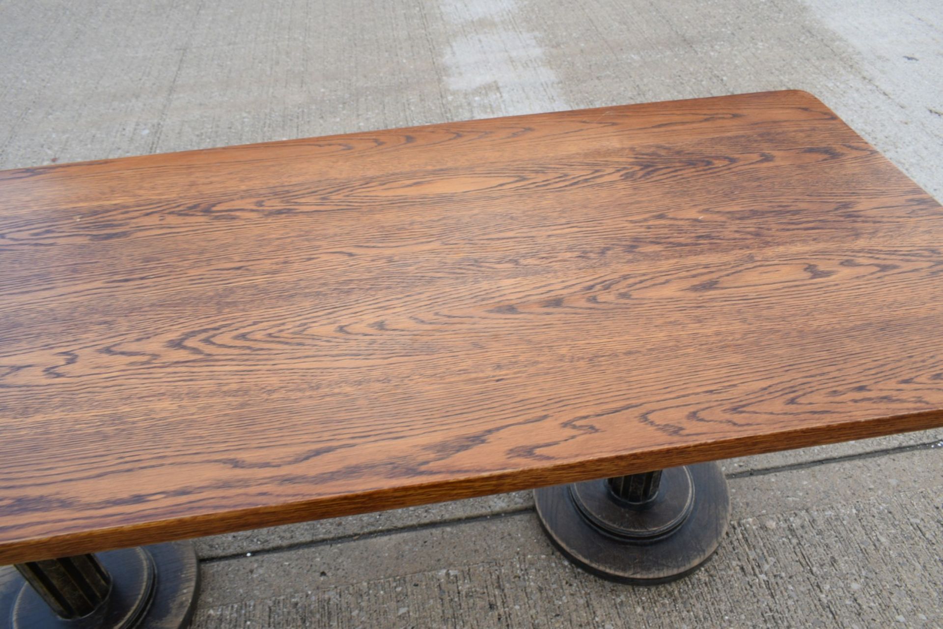 1 x Restaurant Dining Table - Rectangular Oak Top with Wooden Twin Column Pedestal Base - Image 4 of 8