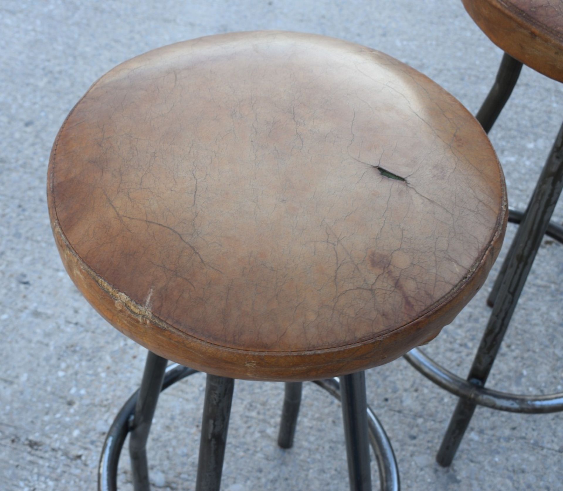 4 x Vintage Industrial Style Bar Stools with Steel Bases, Footrests and Tan Leather Seats - Image 6 of 12
