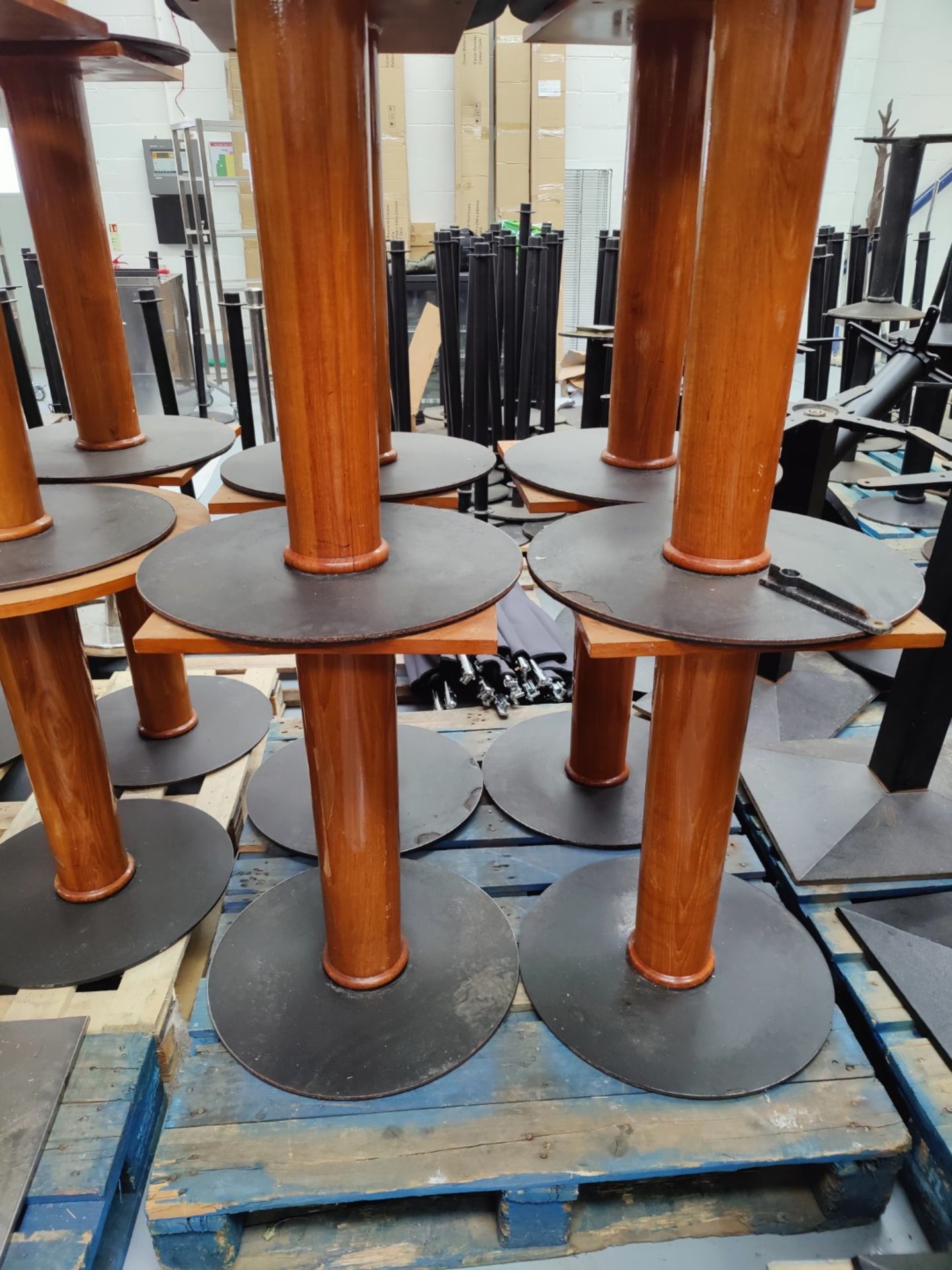 6 x Restaraunt Table Pedestal Bases Featuring a Cherry Wood Finish with Round Grey Metal Bases - Image 10 of 10