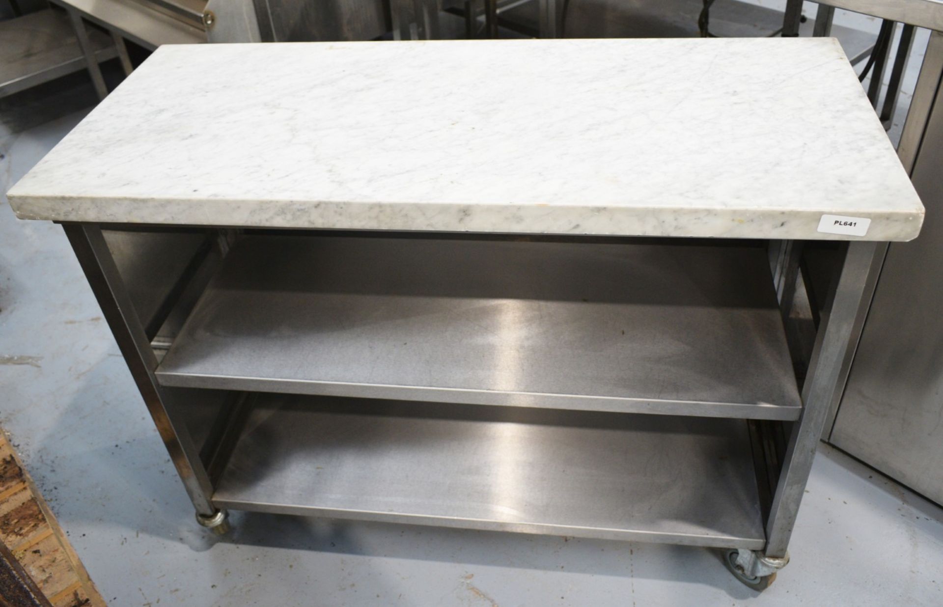1 x Mobile Prep Table Featuring a Marble Table Top and Under Shelves