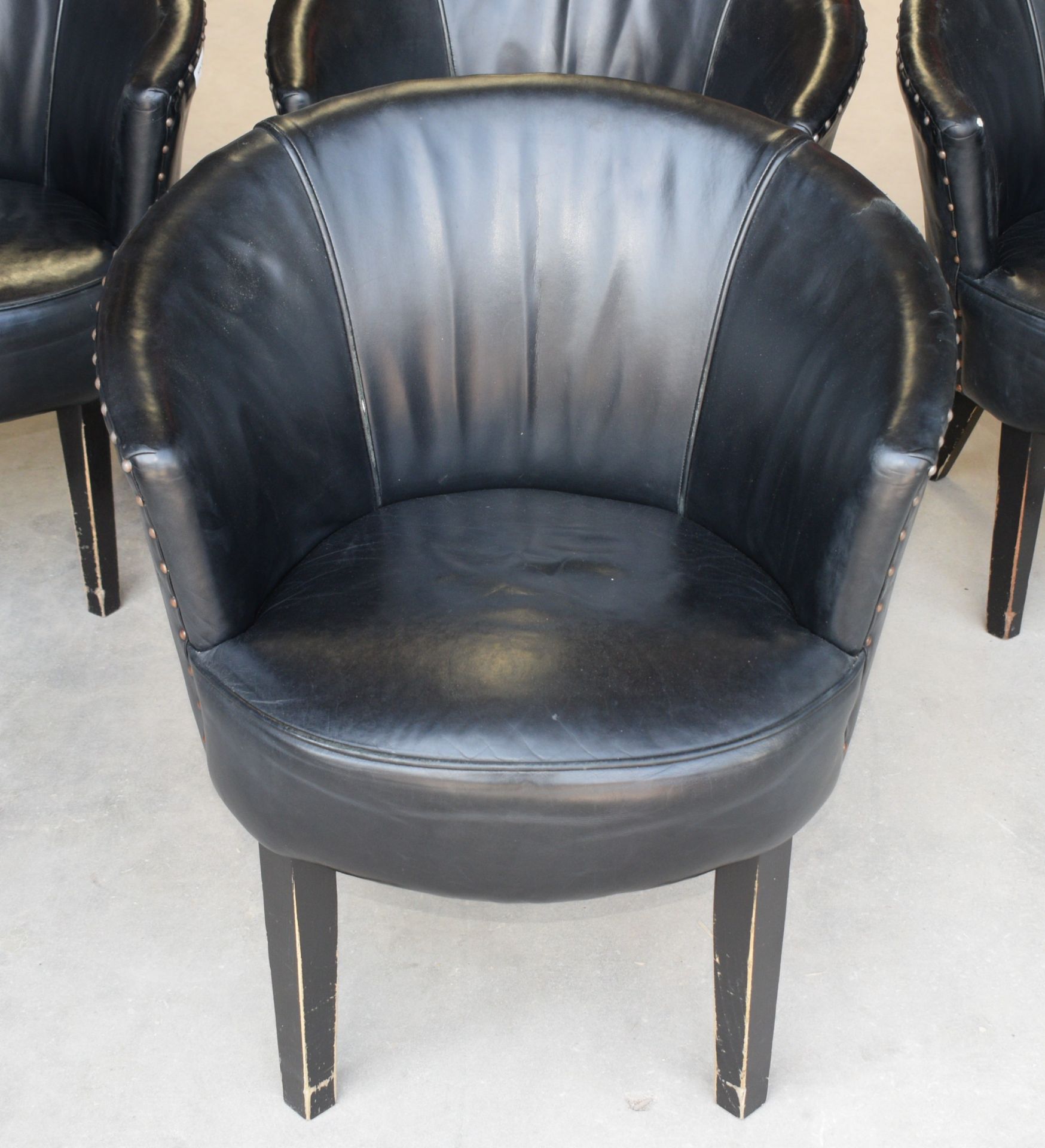 4 x Contemporary Barrel Chairs Upholstered in Black Leather with Studded Backs and Wooden Legs - Image 10 of 12