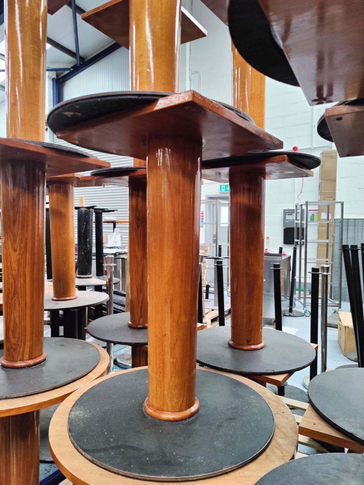 6 x Restaraunt Table Pedestal Bases Featuring a Cherry Wood Finish with Round Grey Metal Bases - Image 9 of 10