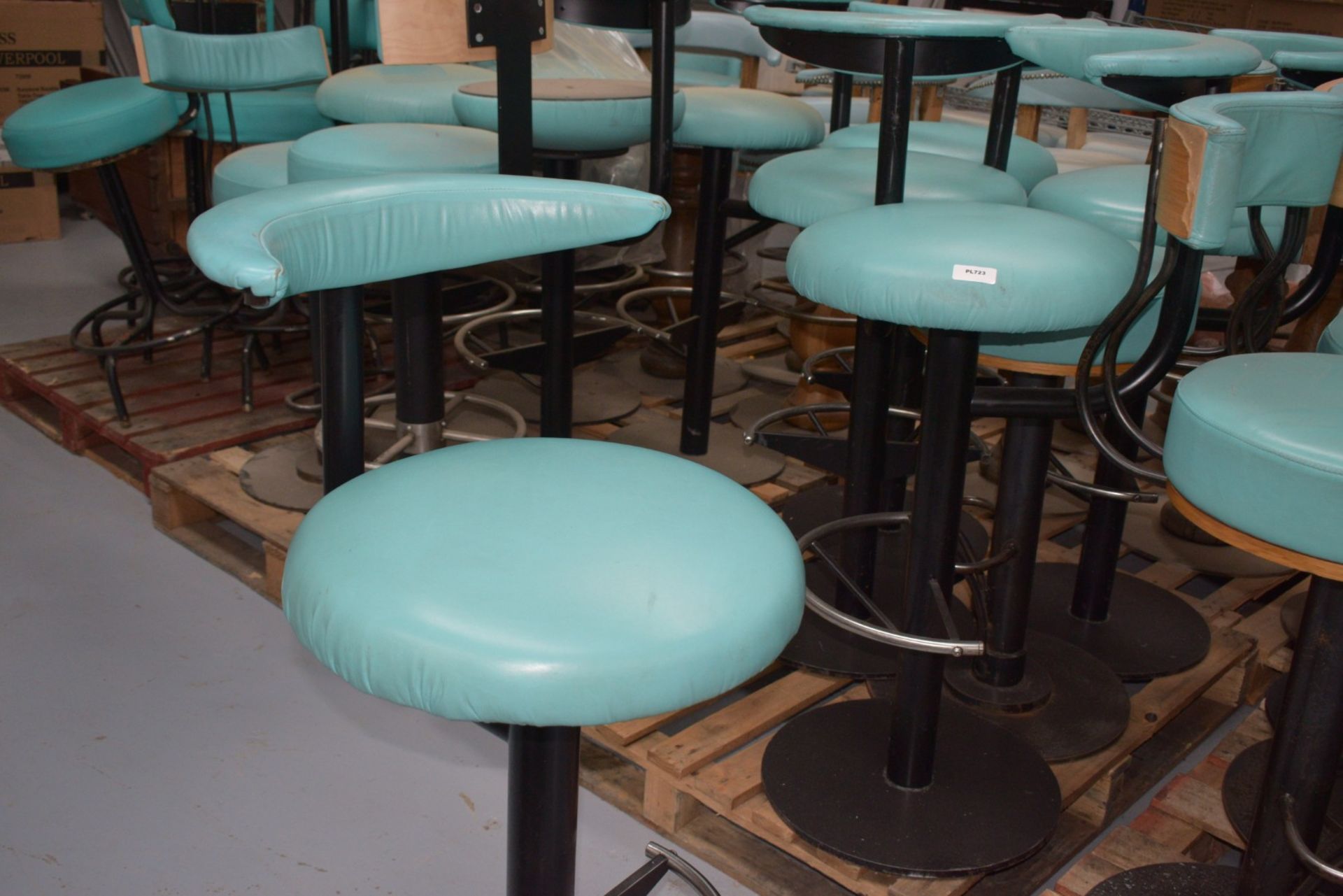4 x Bar Stools Featuring Black Bases with Chrome Footrests and Faux Leather Turquoise Seats - Image 8 of 9
