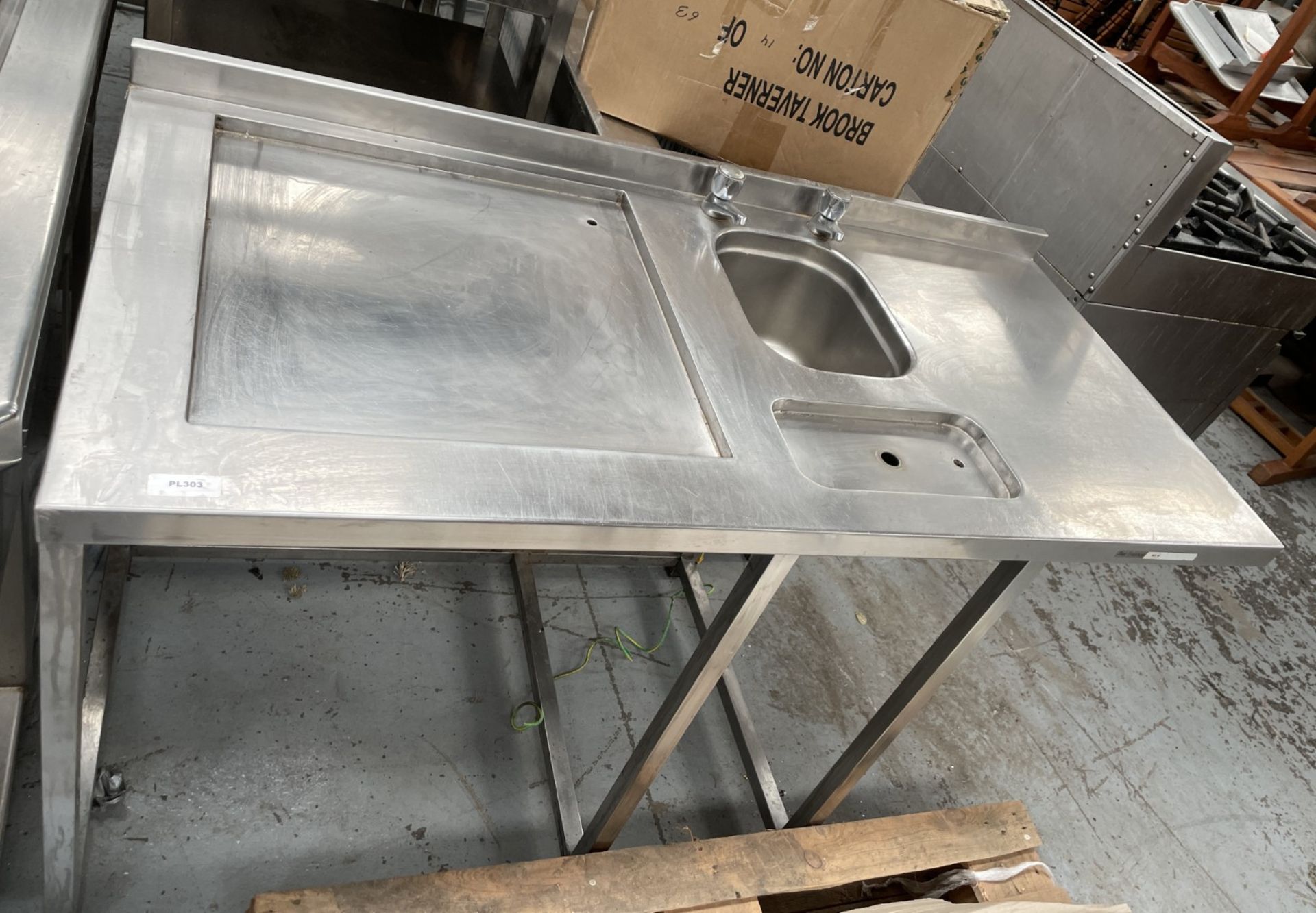 1 x Stainless Steel Inlet Dishwasher Table Featuring a Wash Basin, Taps and Drainer